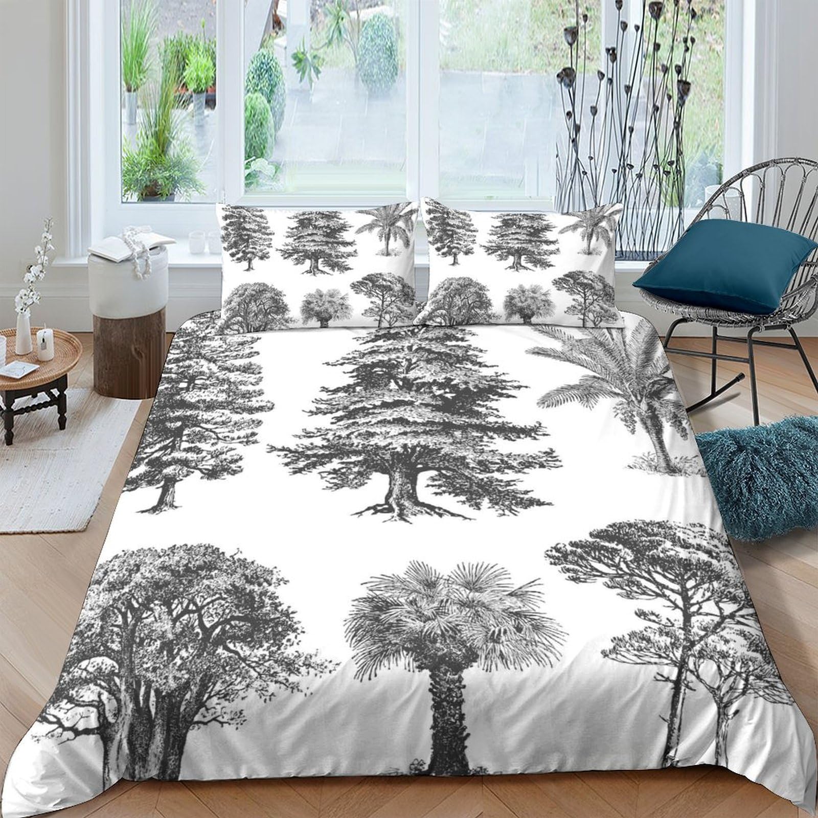 GPLZQXKJNH 3D Printed Black White Tree Forest Duvet Cover Microfiber Soft Breathable Landscape Bedding Set with 2 Pillowcases for Bedroom Decor, Single（135x200cm）
