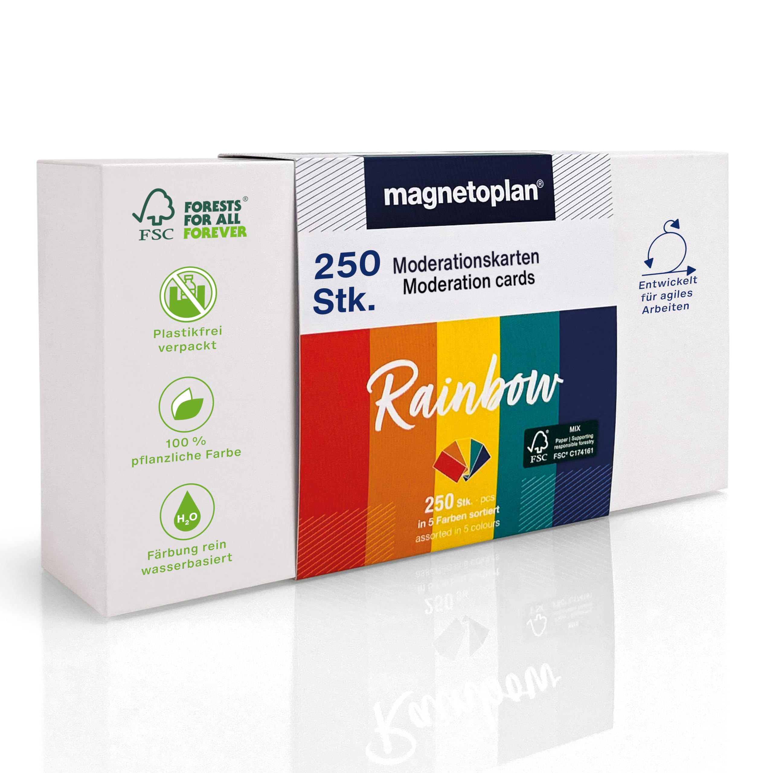 magnetoplan Rainbow Communication Card Set, 20 x 10 cm, Blank Index Cards in 5 Rainbow Colours, 120 g/m², 250 Pieces Made of FSC Paper, Plastic-Free Packaging