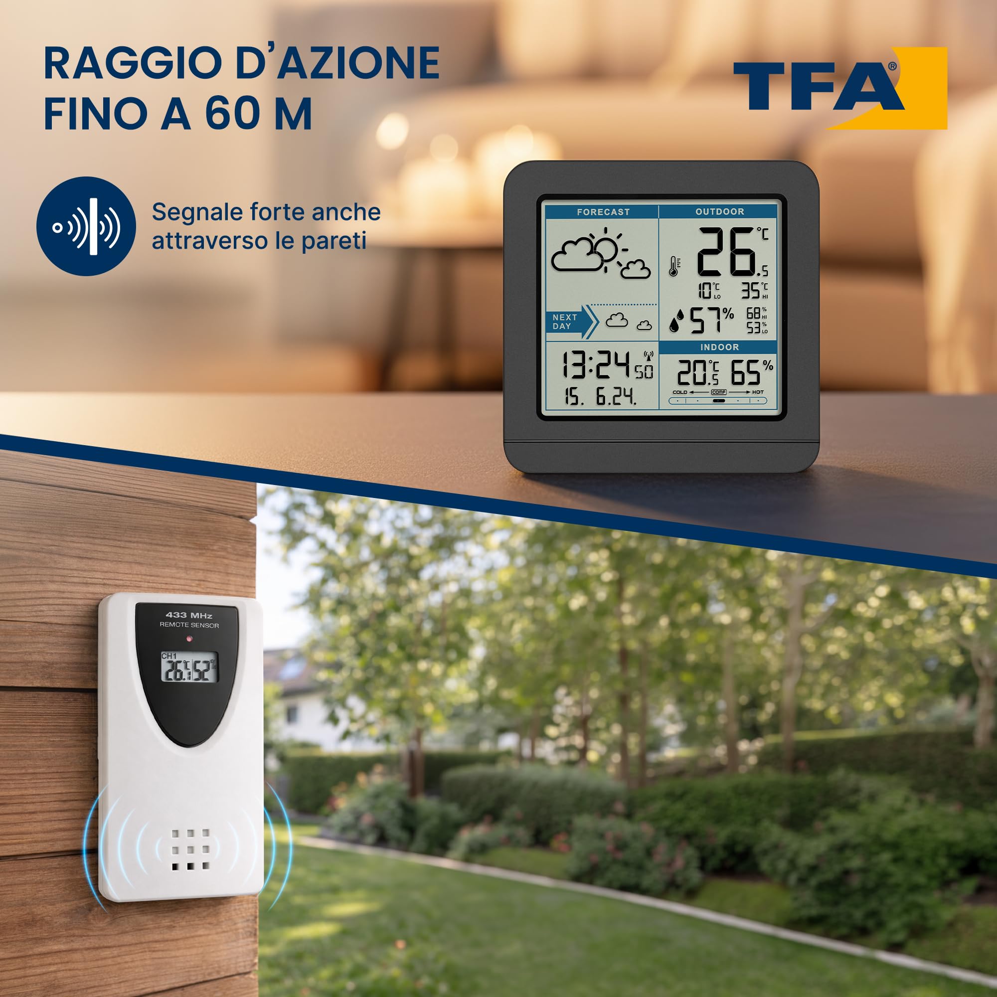 TFA Dostmann Stazione meteo con sensore esterno, radio SKY, 35.1152.01, radio, previsioni del tempo, orologio radio, per interni ed esterni