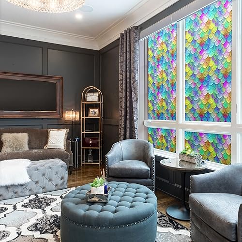 Miniatura 111 de Película decorativa de privacidad para ventana de arcoíris, película decorativa de adherencia estática para baño, oficina en casa, bloqueo UV, 17.7