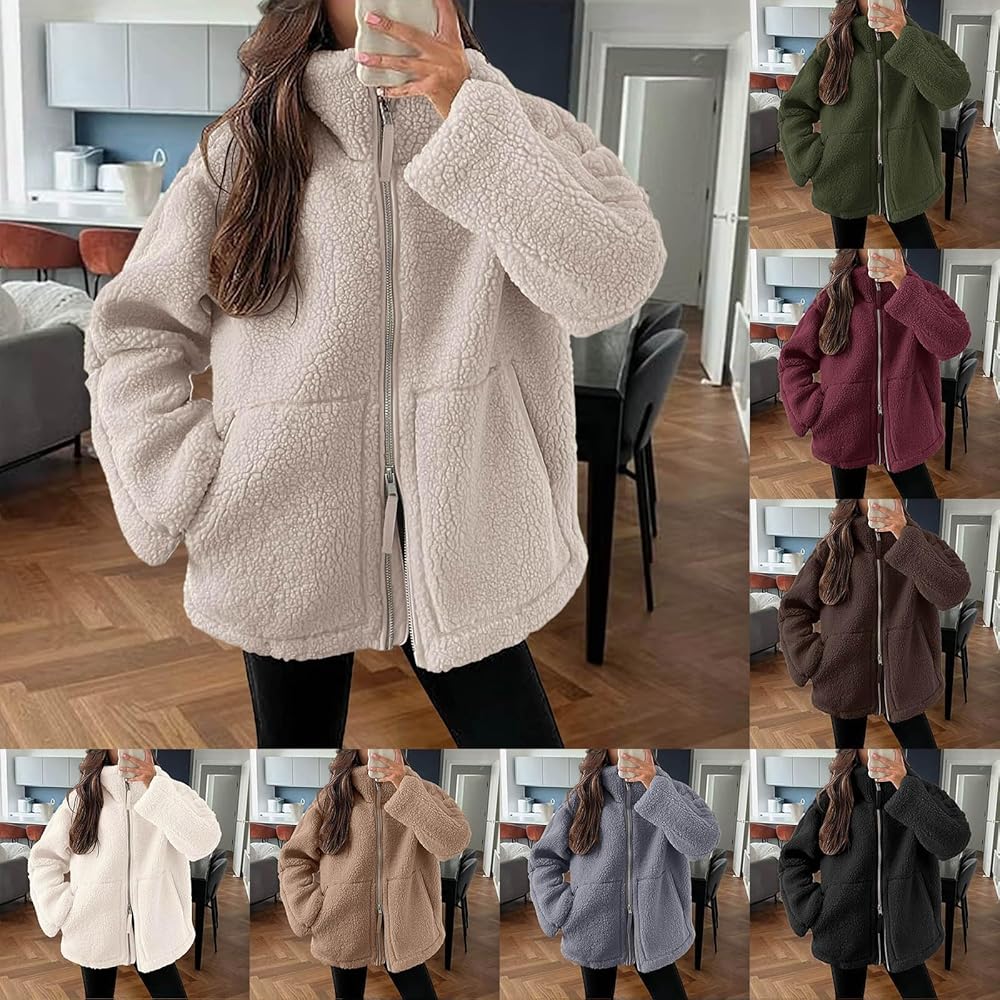 Damen Teddyjacke Mit Kapuze - Warme Fleecejacke Winter Flauschig Knöpfe Übergangsjacke