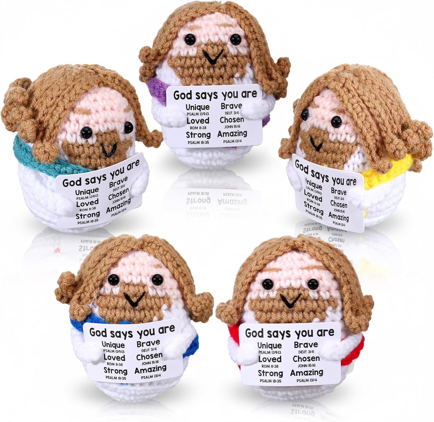 Marsui 10 Pcs Easter Positive Jesus Crochet Gifts for Women Mini Christian Jesus Figure with Positive Card Handmade Motivational Crochet Plush Doll for Religious Church Sunday School Gift (Multicolor)
