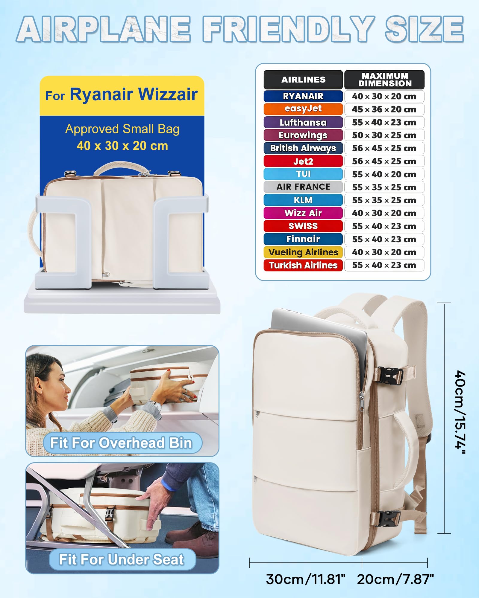 SZLX Zaino Ryanair 40x30x20 Sottovuoto Zaino da Viaggio 40x20x25 Bagaglio a Mano 40x30x20 Wizzair Donna Uomo Borsa da Cabina per Easyjet 45x36x20 Adatto a Laptop da 14 Pollici Impermeabile per Lavoro