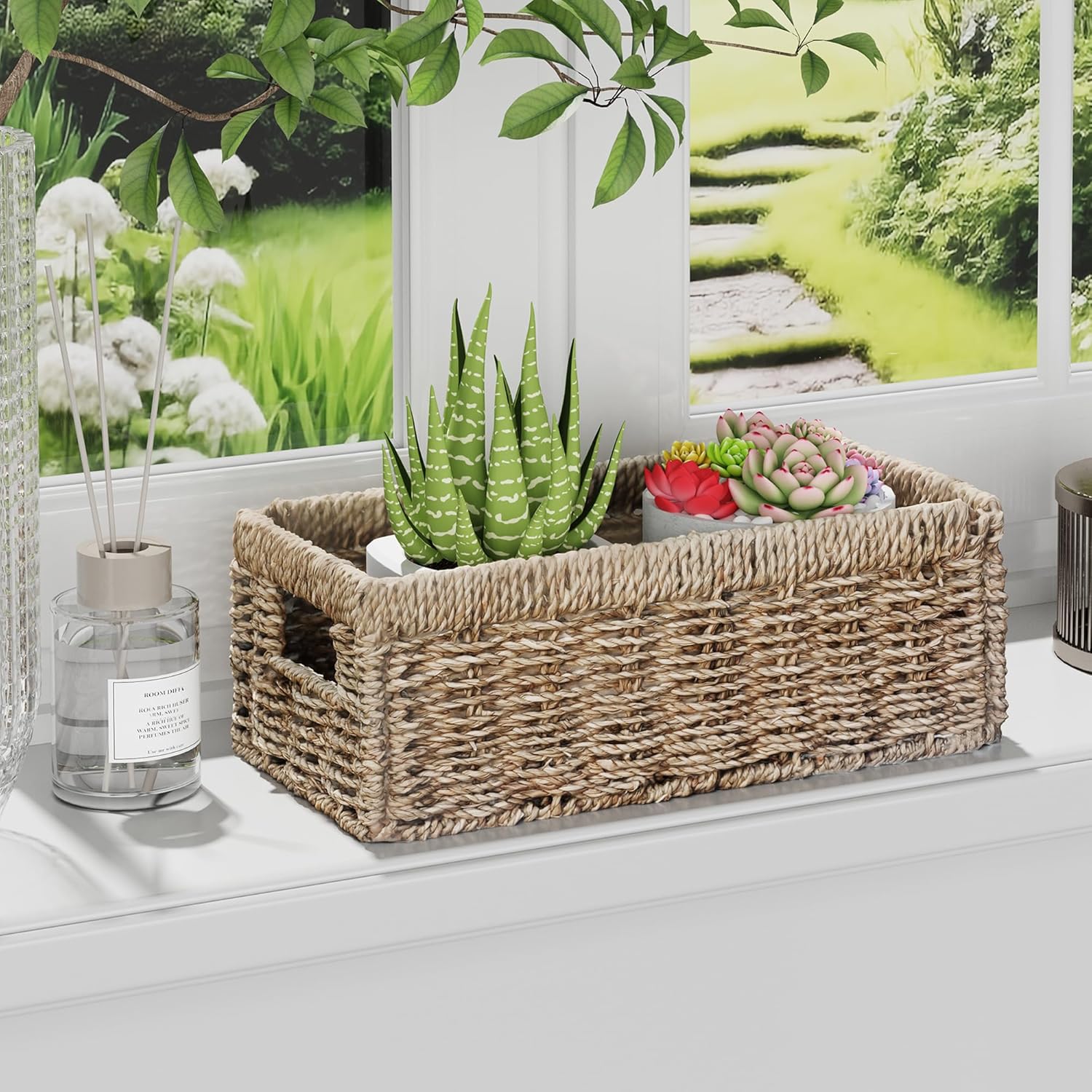 Vagusicc Storage Basket Wicker Baskets for Organizing with Handles Decorative Storage Bins for Countertop Toilet Paper Basket for Toilet Tank Top Small Baskets (11.4x6.1x4.6 inch, 2 Pack)