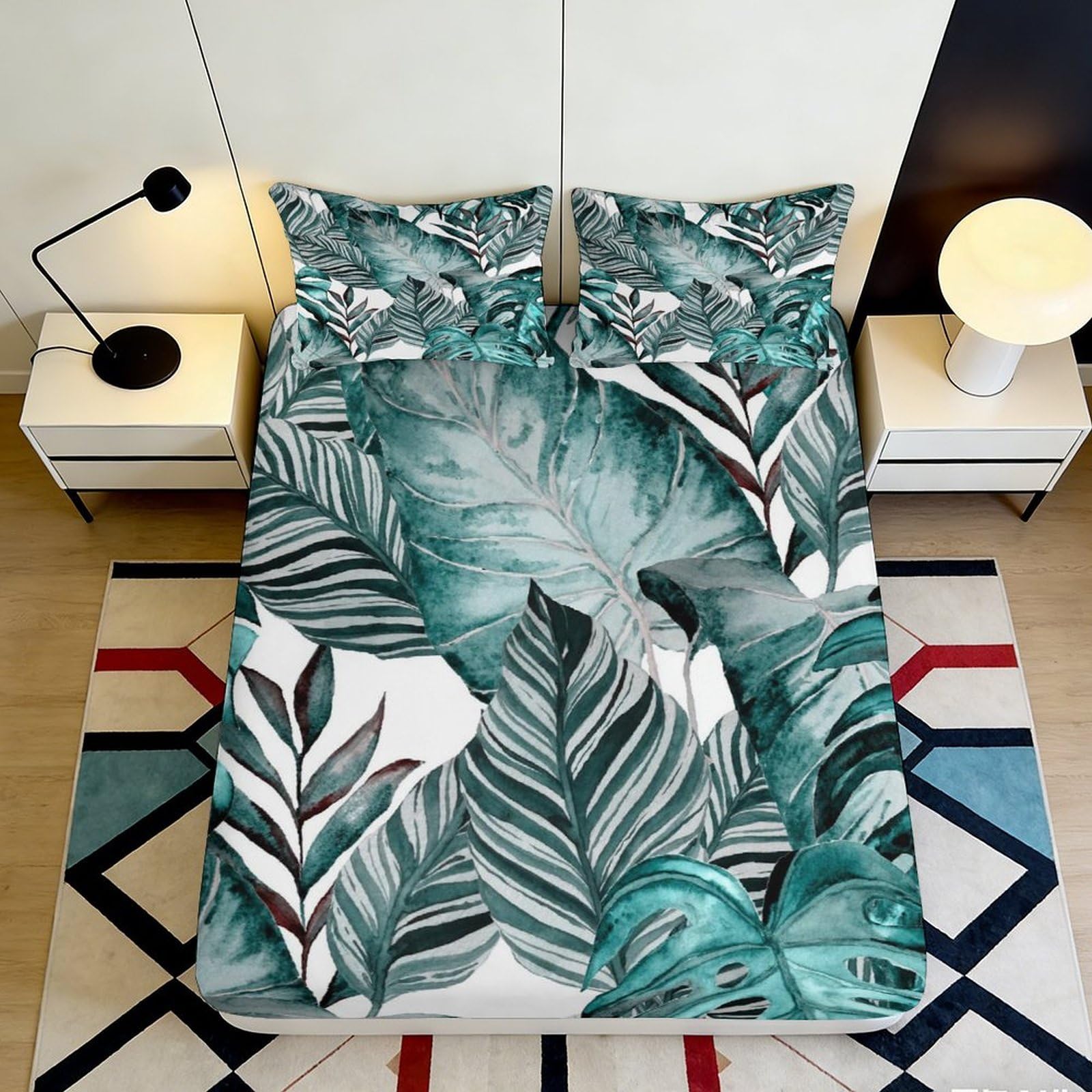 3D Printed tropical palm leaves Fitted Sheet, Microfiber soft touch, stylish decor, guest room bedding, anti-slip, machine washable 90x200x25cm