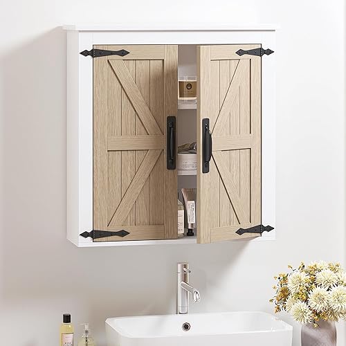 Miniatura 11 de Spirich Armario de baño montado en la pared, pequeño armario de pared de baño sobre inodoro, organizador de botiquín con puertas y estante