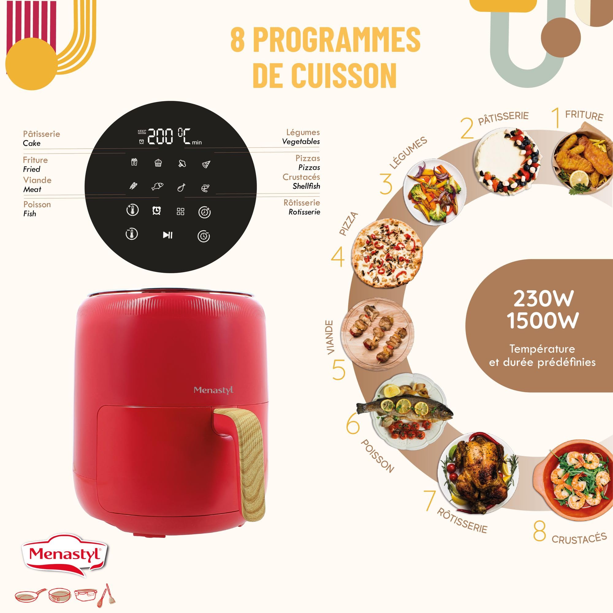MENASTYL - Frytkownica na gorące powietrze 4,5 l colorama magenta wykończenie drewna - 6025002