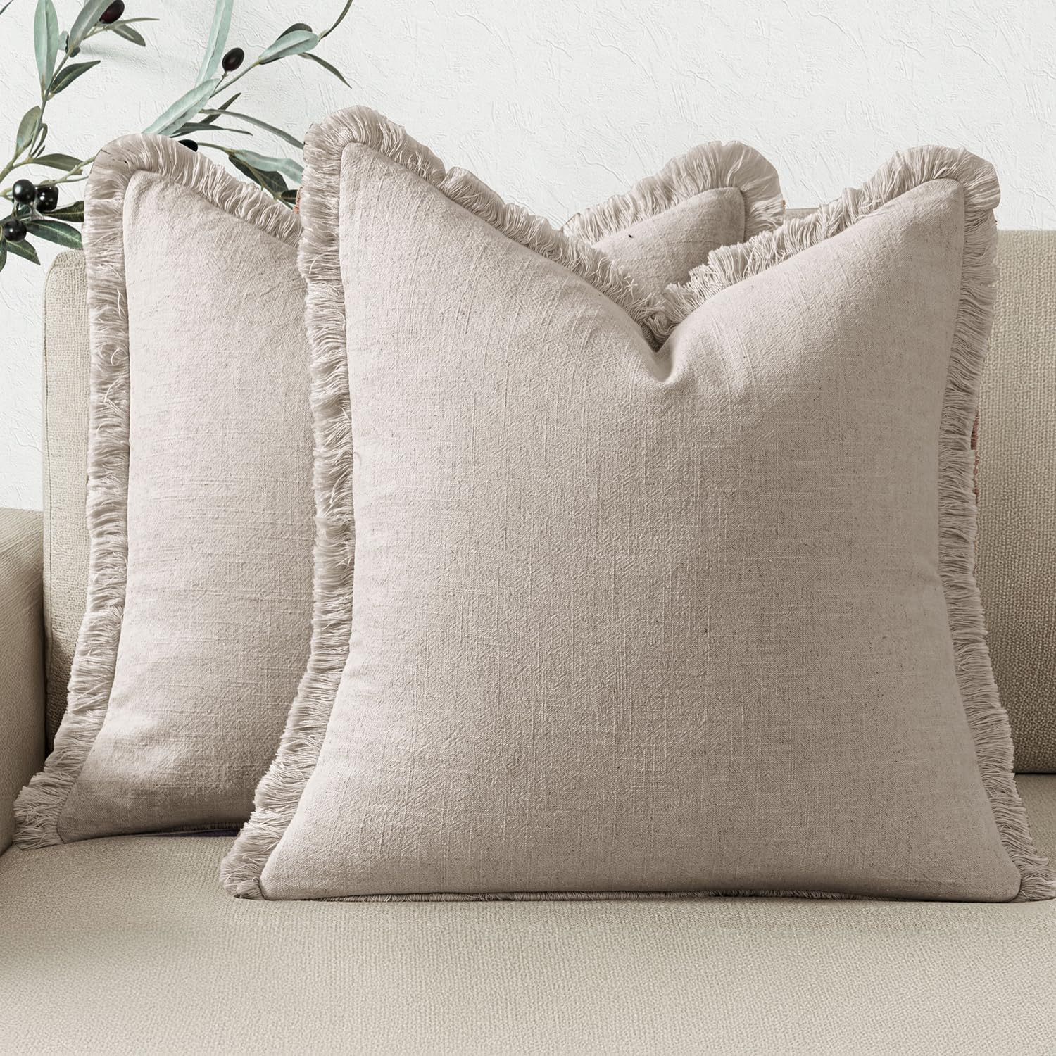 Woaboy Set of 2 Decorative Linen Fringe Throw Pillow Covers Boho Farmhouse Euro Cushion Covers Accent Pillowcases with Tassels for Living Room Couch Sofa Bed Chair,24x24 Inch,Beige