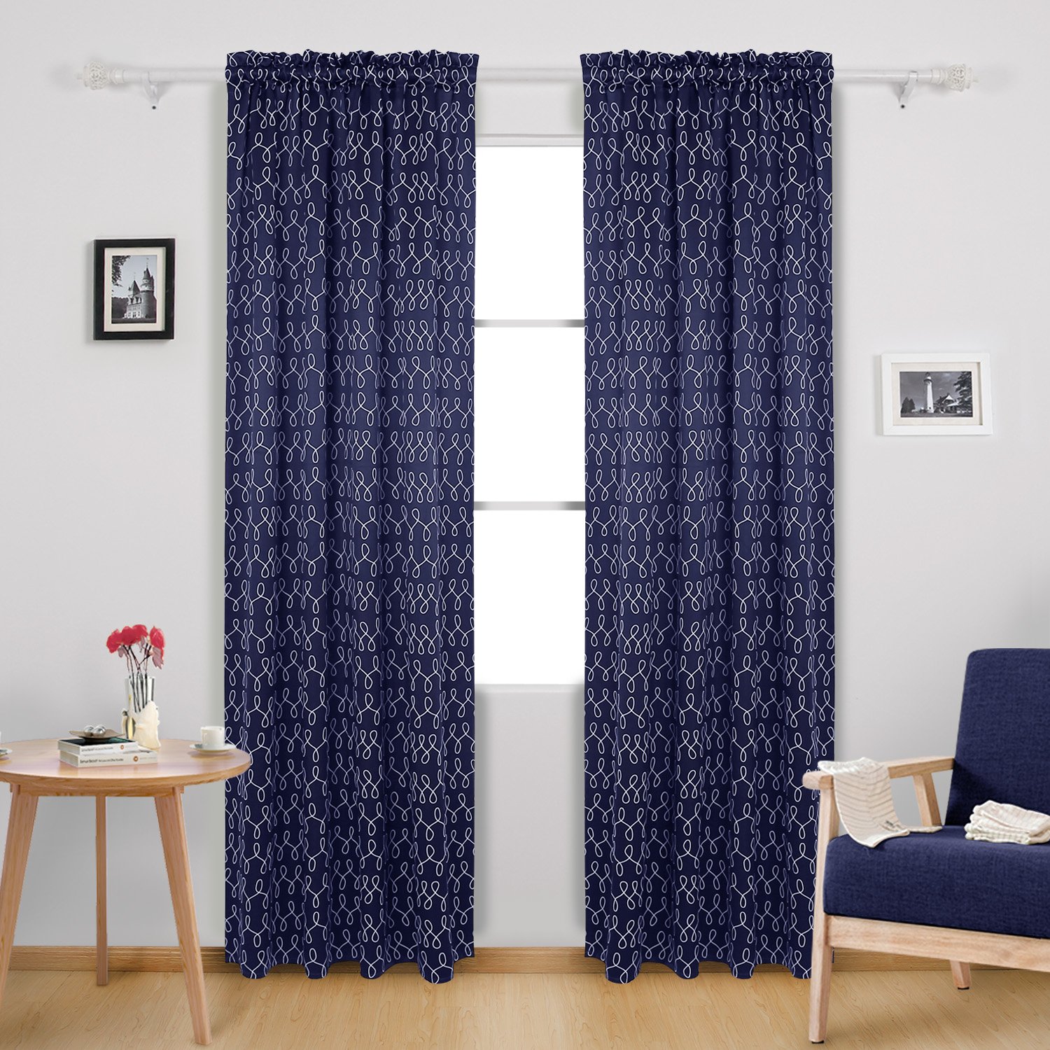 Rideaux occultant pour salon et chambre bleu marine Deconovo à motif linéaire