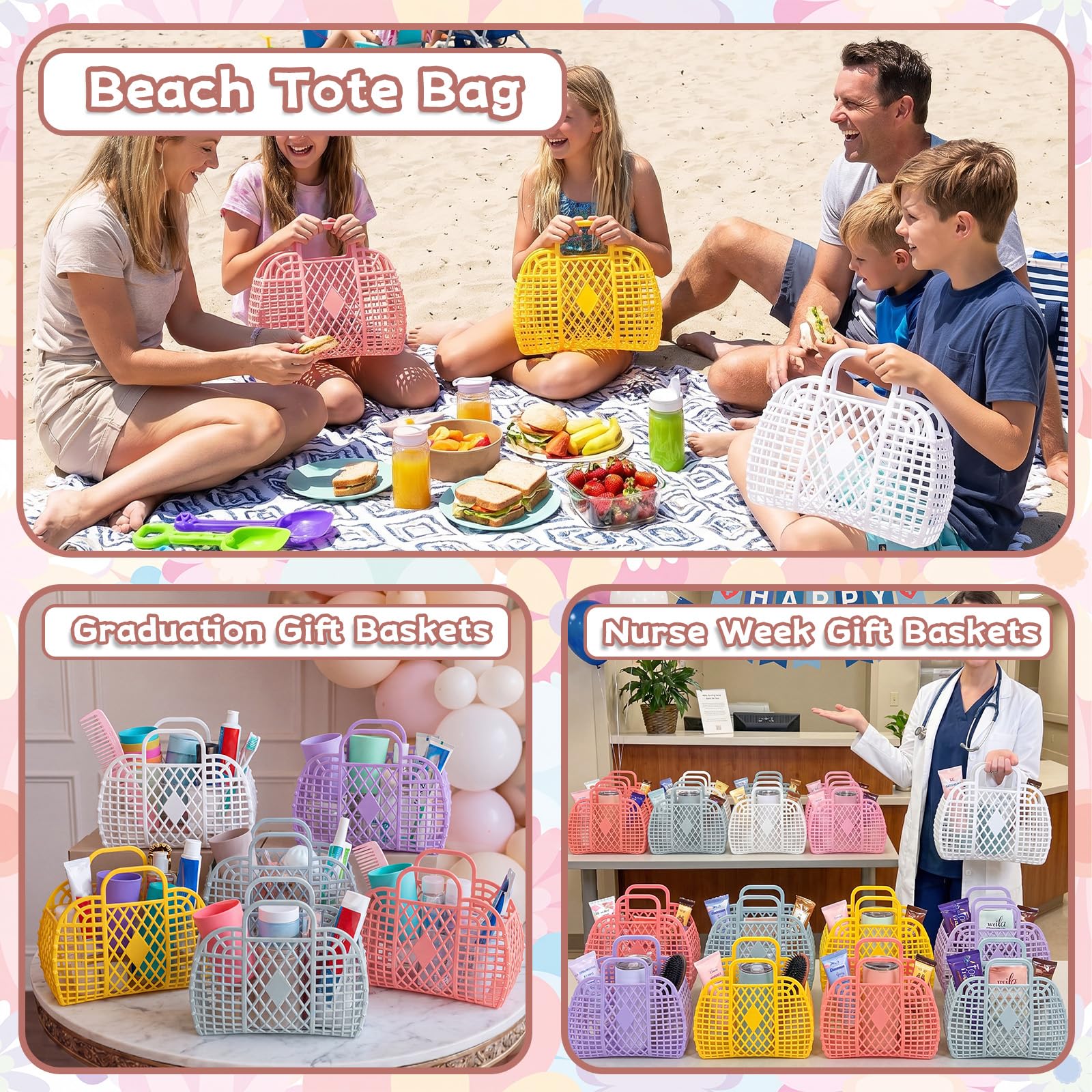 Hushee Confezione da 24 sacchetti di gelatina per ragazze, sacchetti regalo in gelatina, con manici, piccole borse in plastica, borse da spiaggia, vuote, cestino regalo per insegnanti, scuola