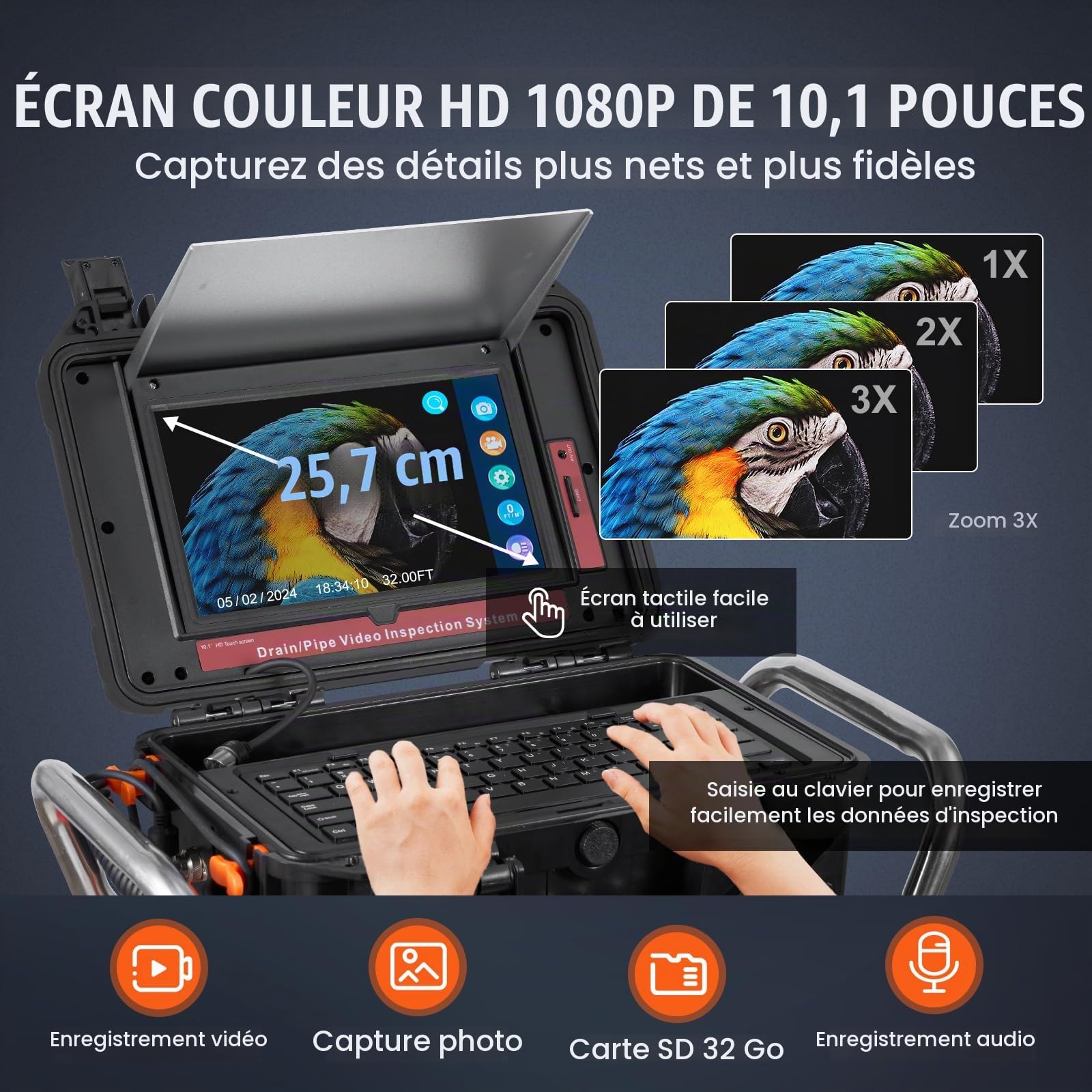 VEVOR Caméra Inspection Canalisation 100 m Endoscope Drain Autonivelant, Écran Tactile 10,1''', Émetteur 512 Hz, Compteur Distance, Étanche IP68, 12 LED, Carte SD 32 Go, pour Conduit, Égout, Tuyaux