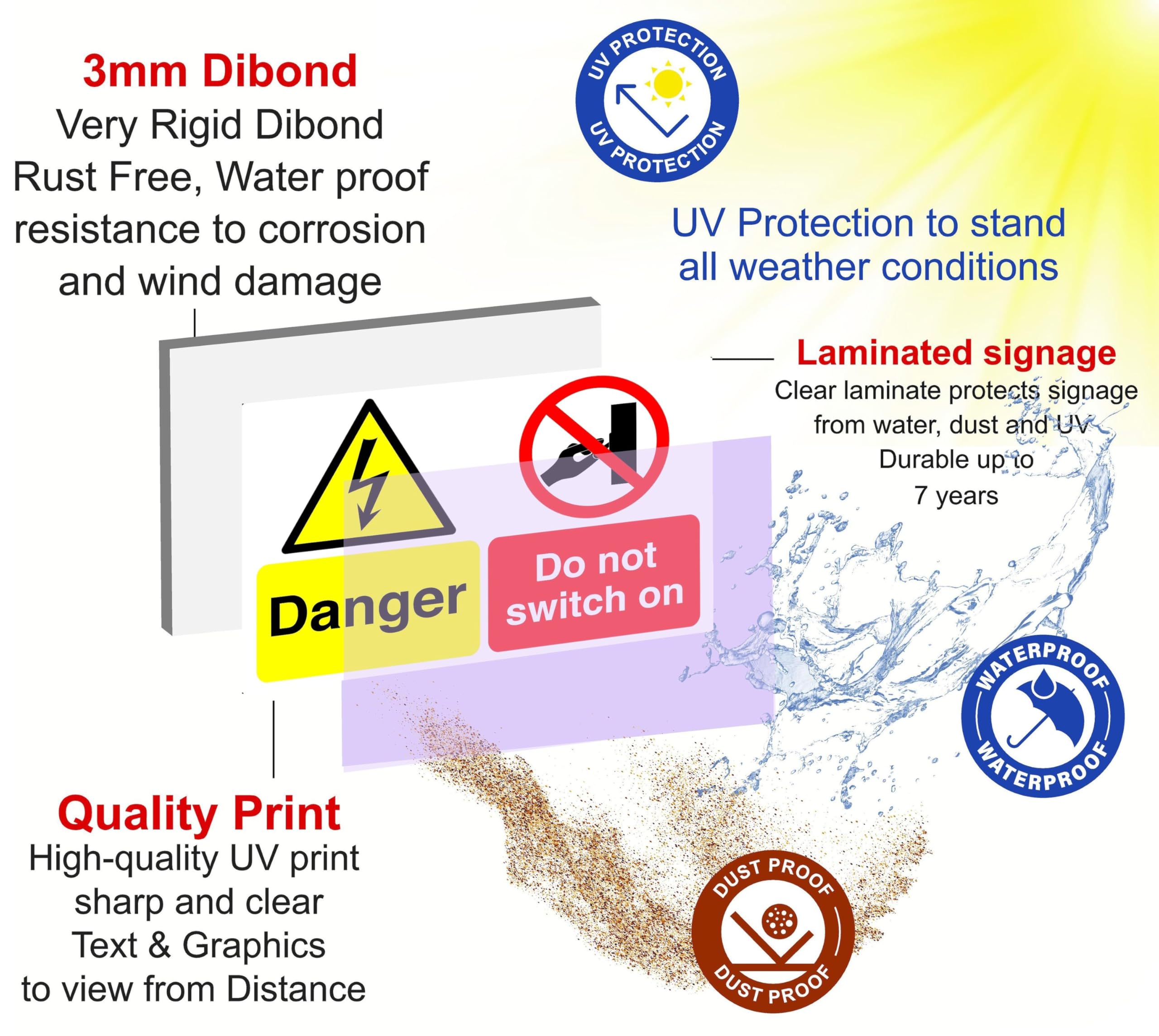 3 mm Alu-Dibond-Sicherheitsschild für den Innen- und Außenbereich, 600 mm x 400 mm, Sichtweite 20 m.