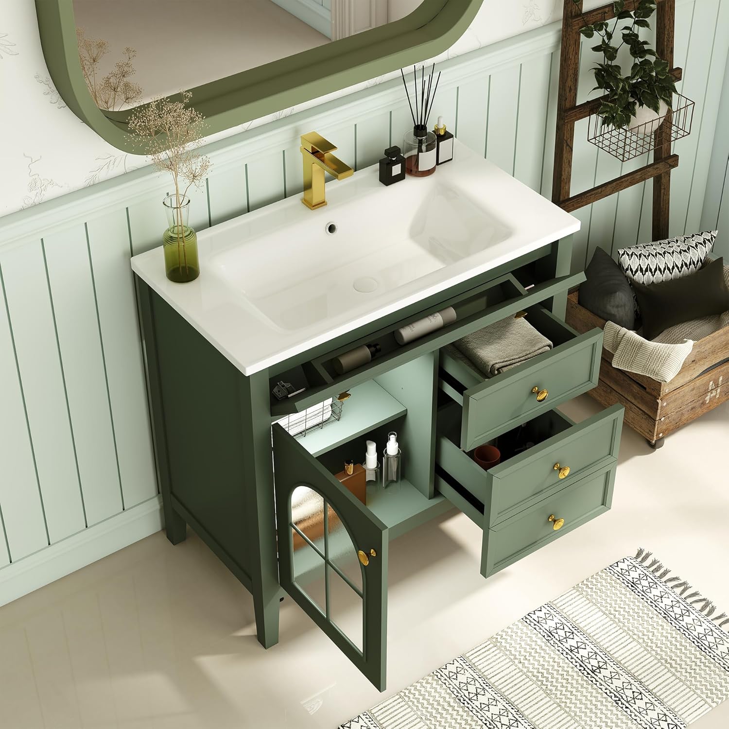 36" Green Bathroom Vanity with Light & Sink Freestanding Single Sink Vanity with 3 Drawers & 1 Glass Door Cabinet Modern Bathroom Storage Vanity with Ceramic Countertop & Metal Handle
