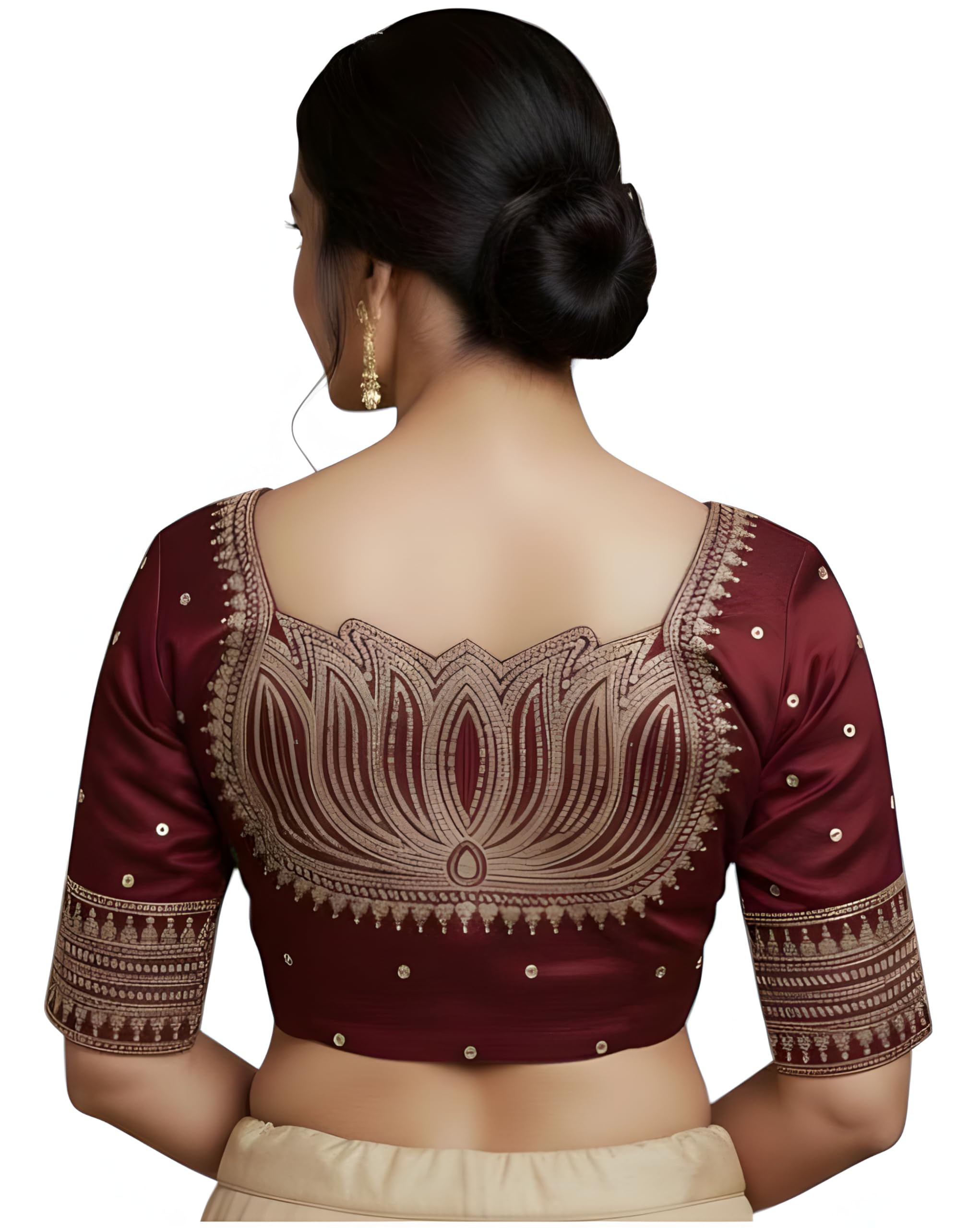 hubnic Women's Embroidered Lotus Design Readymade Blouse | Padded V Neck Saree Blouse | Sequin Work Cotton Blend Stitched Blouse | Ready to Wear Party-picture-38