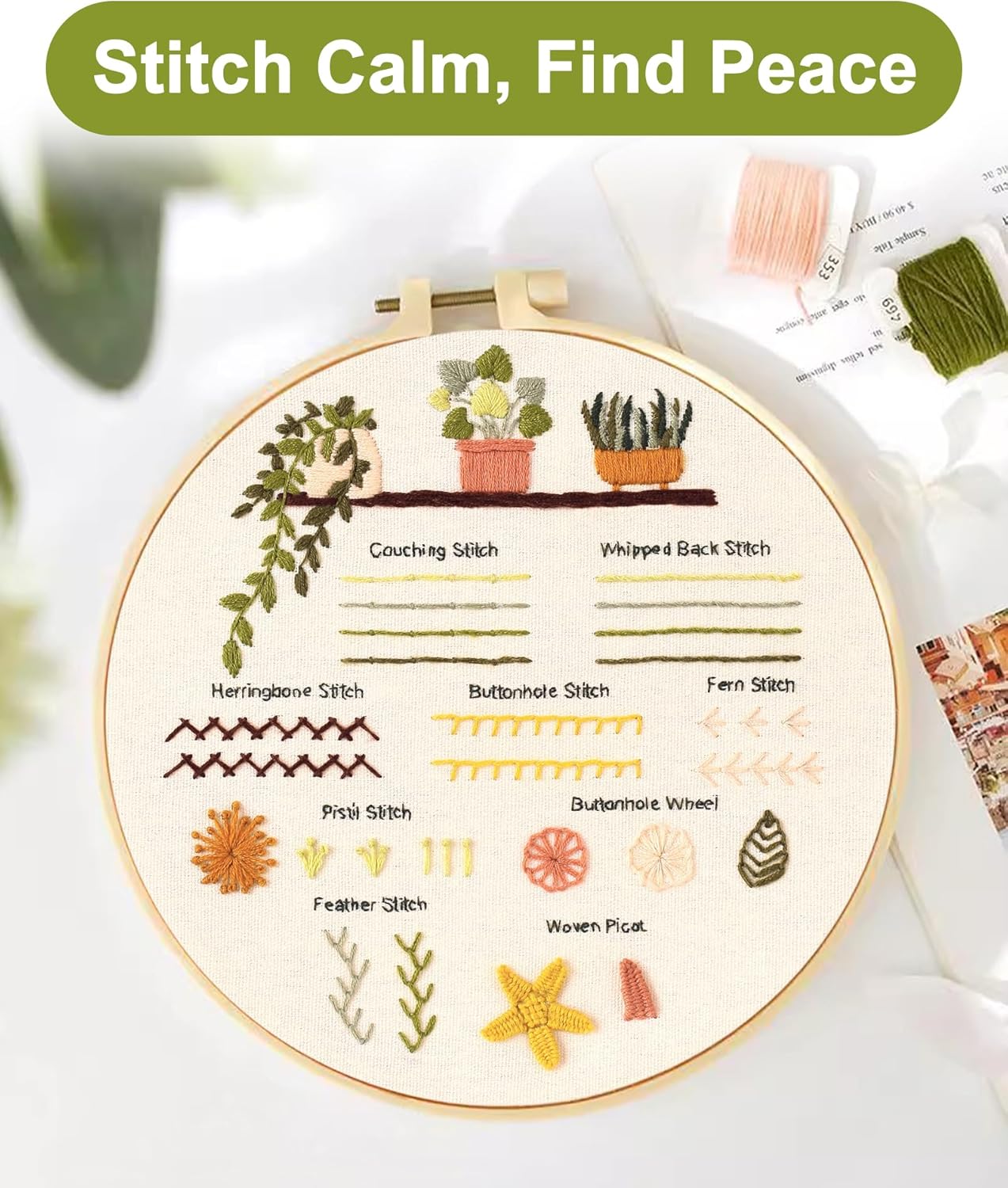 Santune 6 Sets Embroidery Kit,Cross Stitch Kits for Beginners,Needlepoint Kits for Adults with Easy Stamped Flower Pattern Fabric Hand Crafts,Hoops,Needle,Women DIY Hanging Plants,Sewing Hobby