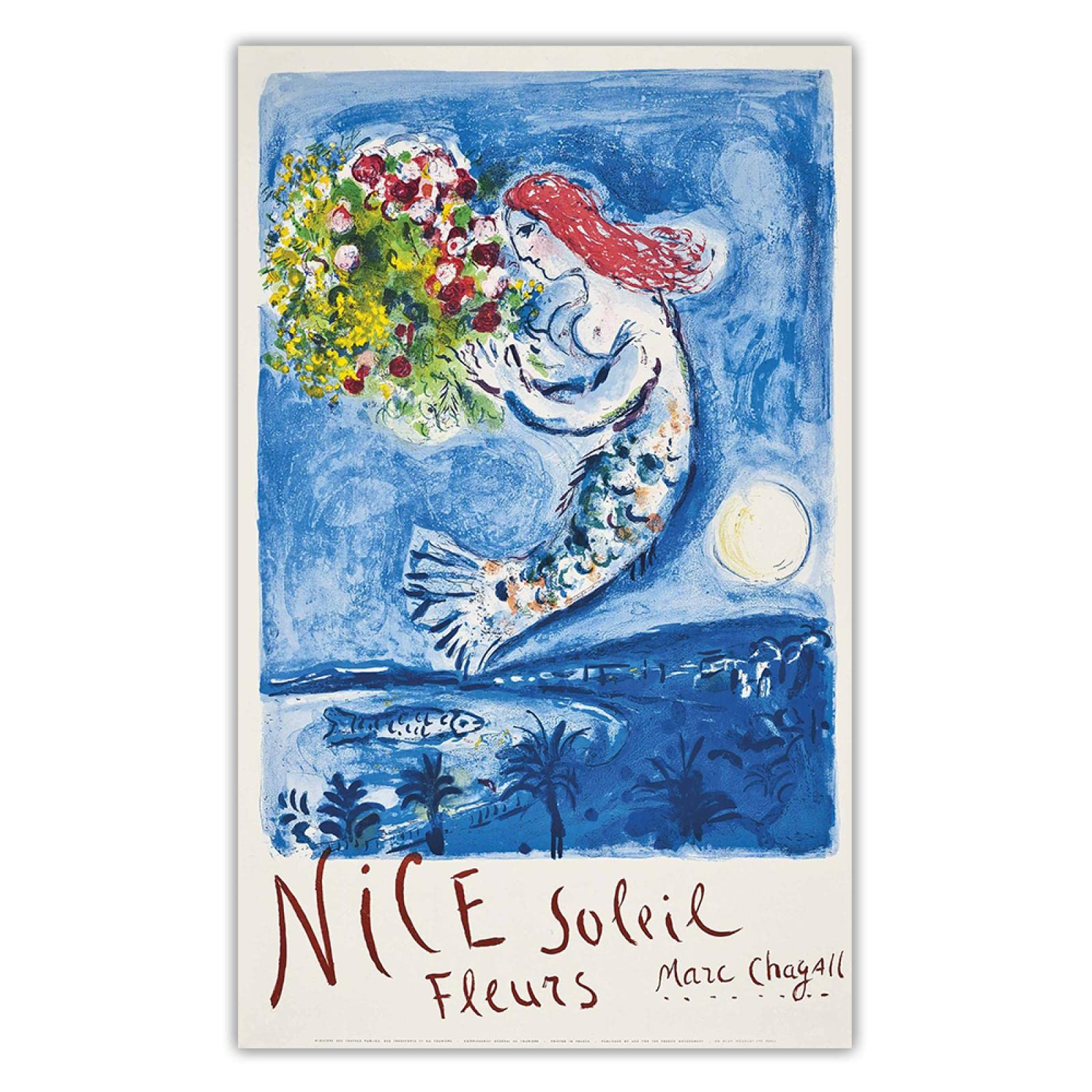 OUSHION ART Surrealismo Galería Arte mural Marc Chagall Flores Sirena Lienzo Pintura Impresiones Noche de luna Cartel de arte para decoración de guardería 105x60cm marco interno