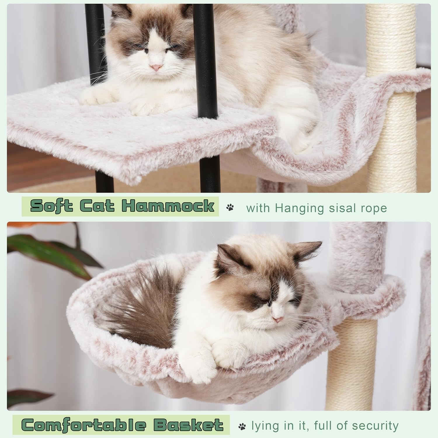 Close-up view of the soft cat hammock and comfortable basket, with cats resting in them.