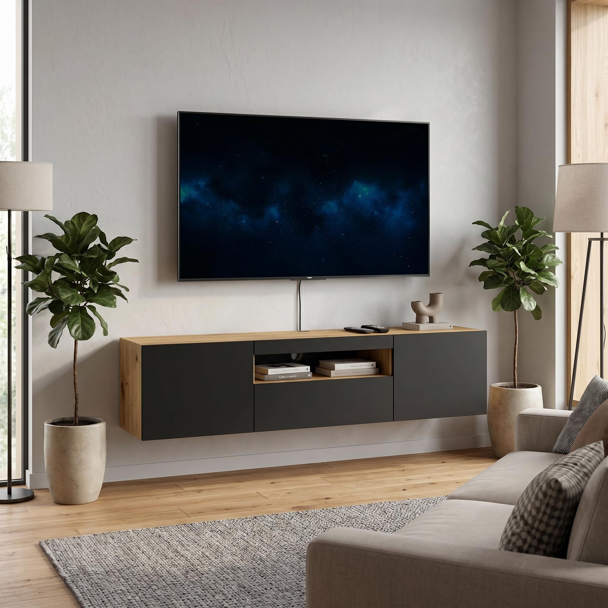 BIM Furniture Szafka pod telewizor Aura 150 cm, wisząca lub stojąca, uniwersalna szafka pod telewizor, stolik hi-fi, wisząca szafka (dąb Artisan i czarny mat, bez LED)