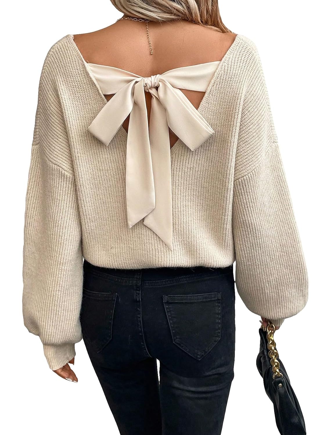WDIRARA Womens Bow Sweaters Long Sleeve Backless V Neck Oversized Knit Pullover Sweater