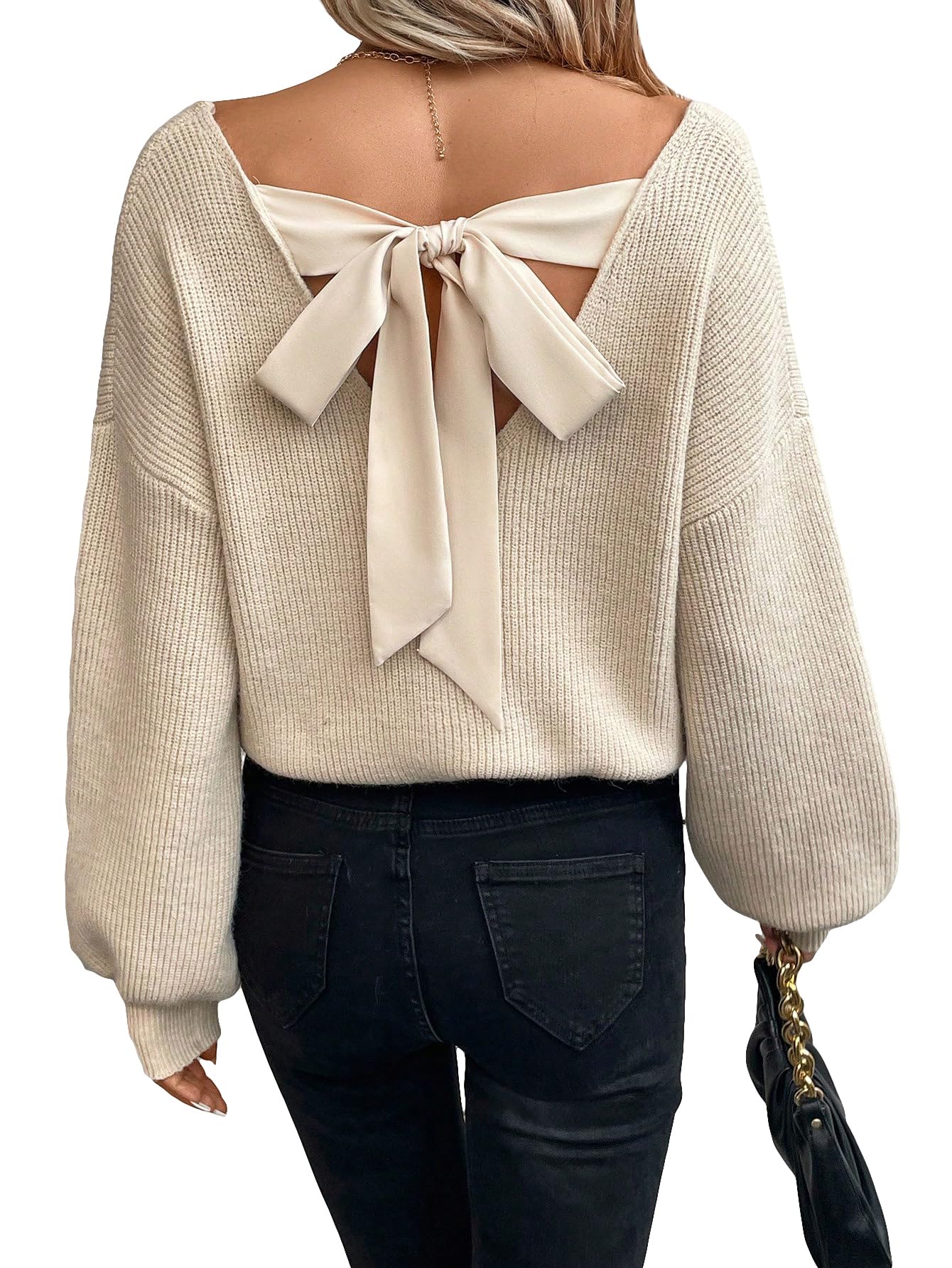 WDIRARA Womens Bow Sweaters Long Sleeve Backless V Neck Oversized Knit Pullover Sweater