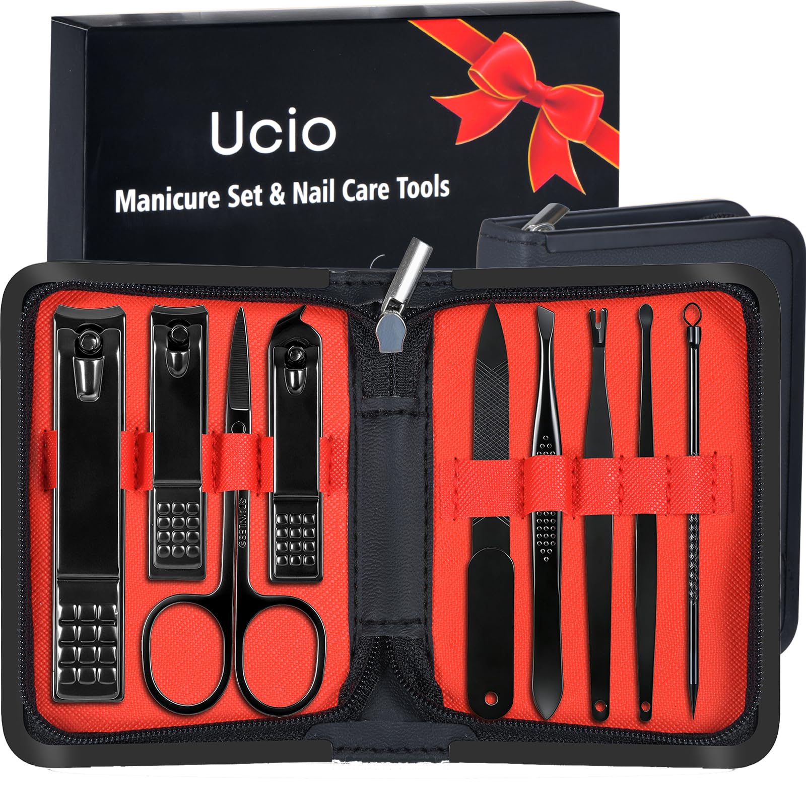 Manicure Set Men Personal Care Tools Accessories 9Pcs Nail Clippers Black and Red