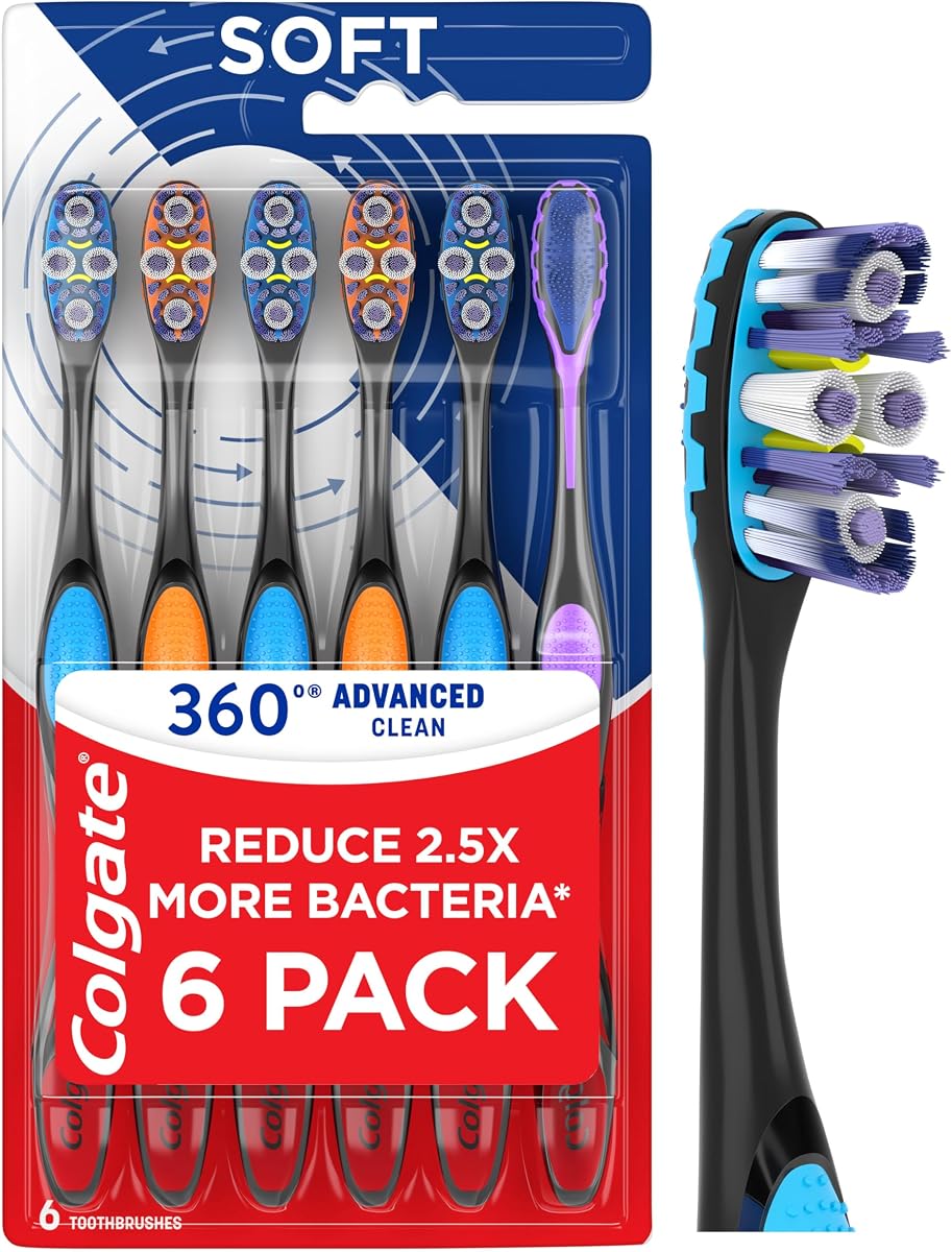 Colgate 360 Advanced Clean Floss Tip Soft Toothbrushes, 6 Pack | Reduce 2.5x More Bacteria, Cheek and Tongue Cleaner, Handle Made from 40% Recycled Plastic