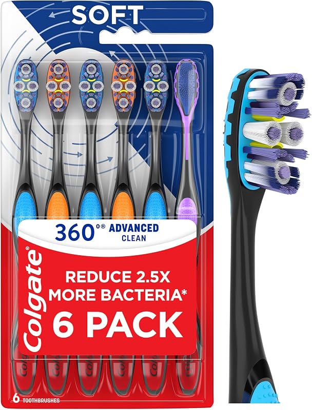 Colgate 360 Advanced Clean Floss Tip Soft Toothbrushes, 6 Pack | Reduce 2.5x More Bacteria, Cheek and Tongue Cleaner, Handle Made from 40% Recycled Plastic