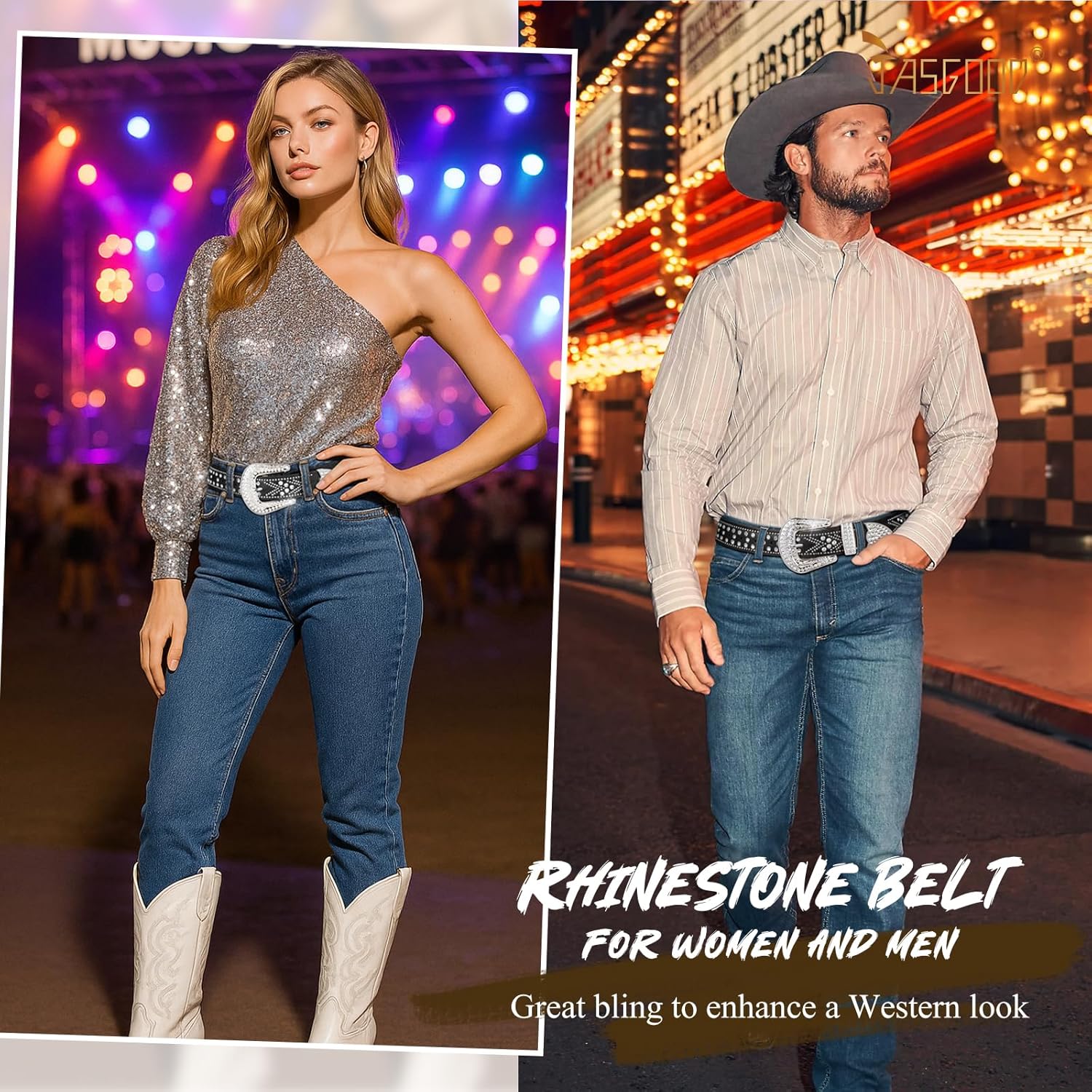 JASGOOD Rhinestones Belt for Women Men Plus Size Western Cowboy Cowgirl Studded Diamond Leather Waist Belt for Jeans Pants - Image 5