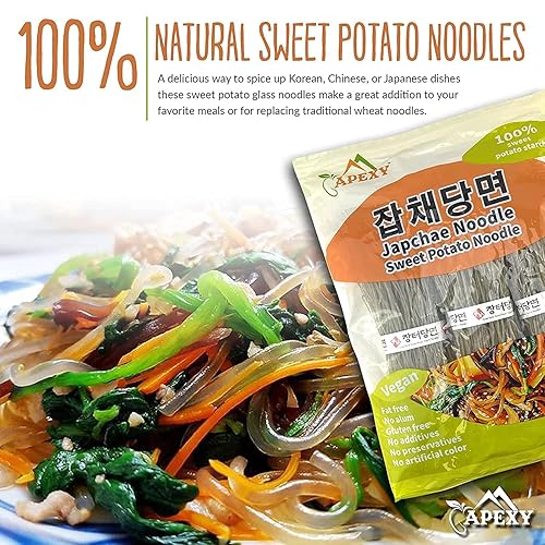 Miniatura 10 de APEXY Fideos de cristal de batata, fideos de Japchae, pasta de fideos coreanos, sin grasa y sin gluten, 100% almidón de batata, sin aditivo, sin