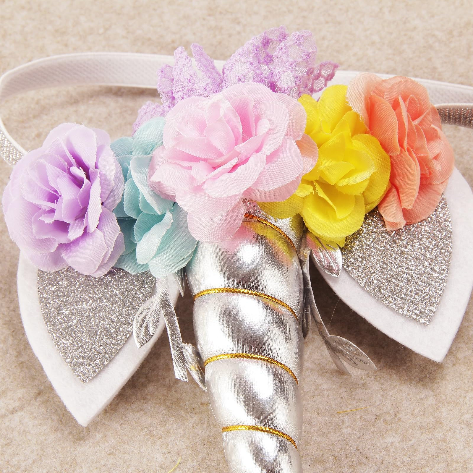 Nishine Roses Floral Unicorn Horn Headband Elastic Baby Girls Unicorn Hairband Party Supplies (Silver&Pink) - Image 4