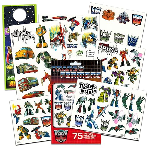 Transformers - Paquete de tatuajes temporales para fiestas, 75 tatuajes para niños, más colgador de puerta de Rex-Man (recuerdos de fiesta)