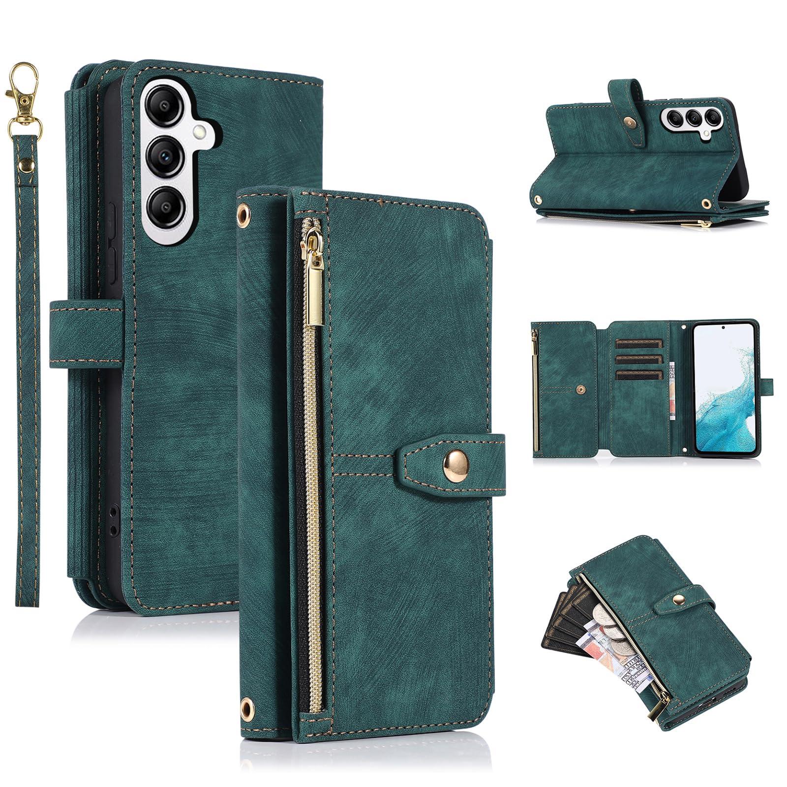 UEEBAI Wallet Case for Samsung Galaxy S24 5G, 9 Card Slots Retro Leather Wallet Shockproof Flip Cover with Hand Strap Card Slots Zipper Pocket Kickstand Handbag Magnetic Closure - Retro Green
