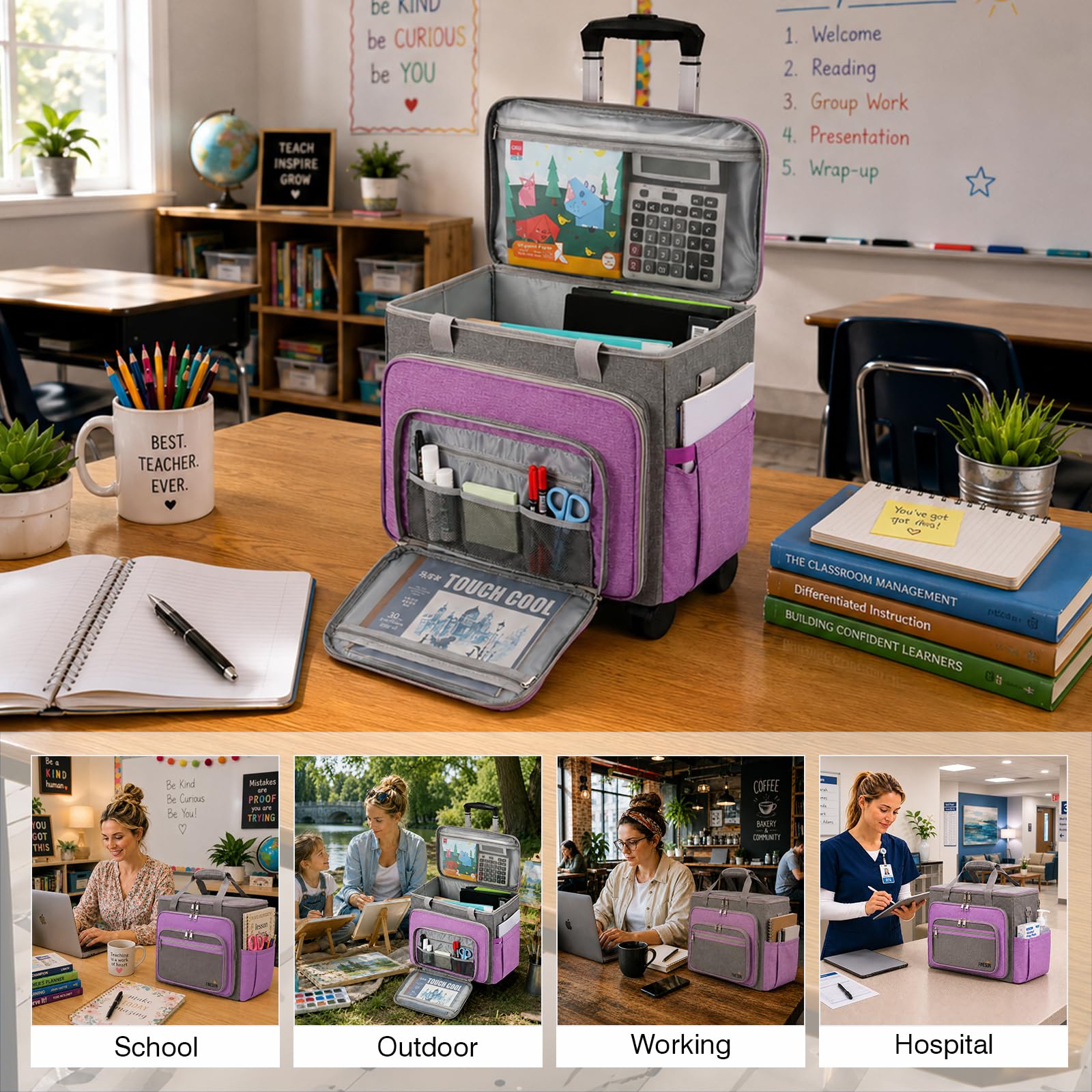 Maletín Multifuncional con Ruedas Desmontable para Profesores, para Trabajo, enseñanza, Oficina, Manualidades (Color Morado)