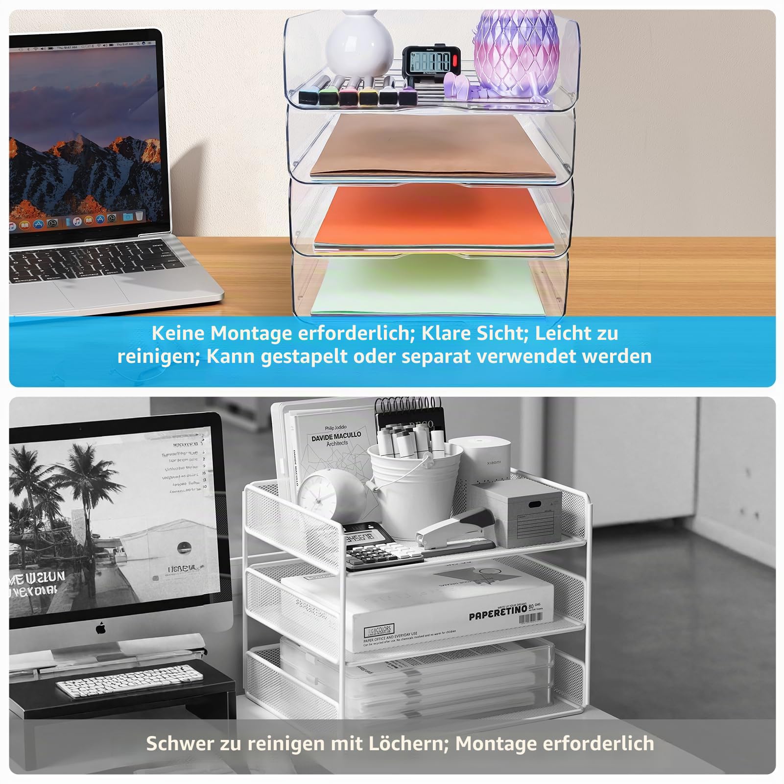 Transparenter Schreibtisch-Organizer, stapelbar, 4er-Pack, Papier-Briefablage, Schreibtisch-Aktenhalter für A4-Papier, Dokumente, Notizen, Bücher