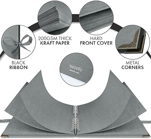Miniatura 2 de Bstorify Álbumes de fotos cuadrados para álbumes de recortes, 60 páginas (8 x 8 pulgadas), papel grueso gris, tapa dura, esquinas de metal, cierre