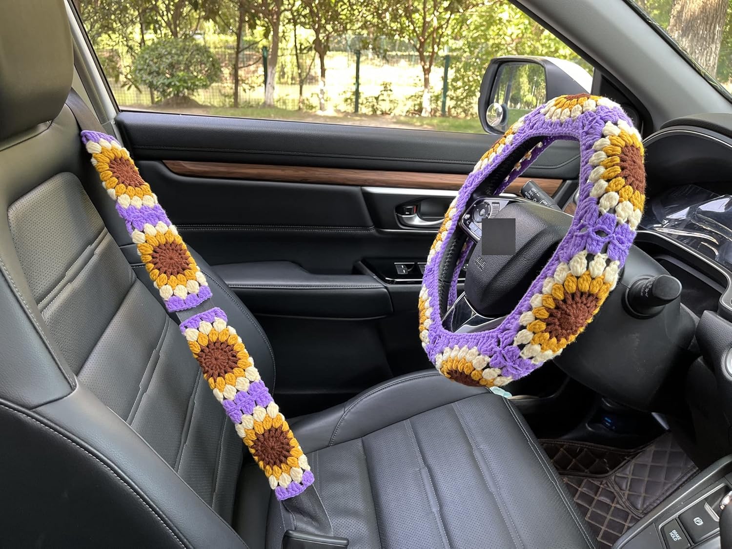 Handmade Crochet Sunflower Car Steering Wheel Covers Purple Color Universal 14-15 inch for Women/Men (Wheel Covers+2belt Covers+2Car Coasters+Strawberry)
