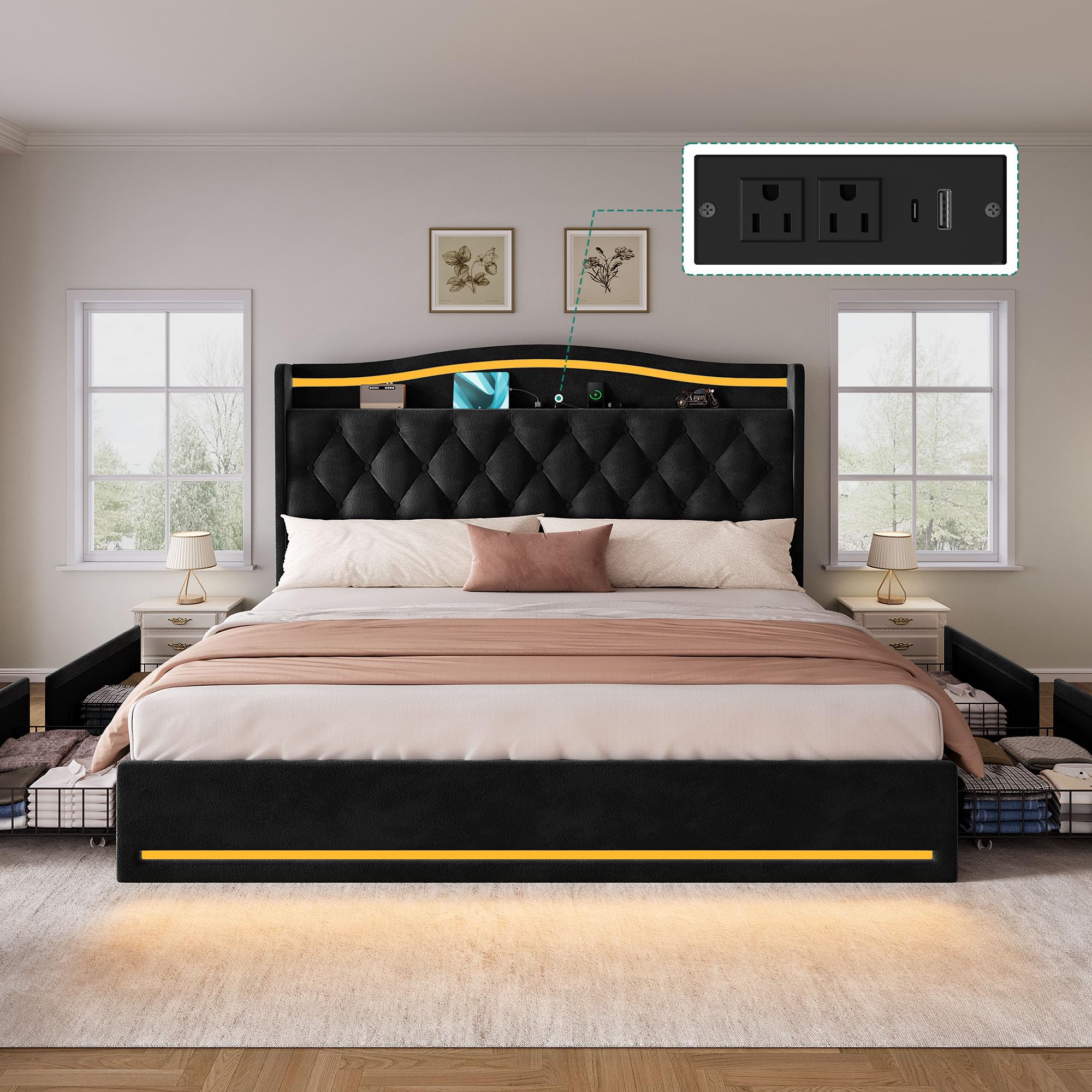 View 1 of *INCOMPLETE* DWVO King Size Upholstered Bed Frame with Charging Station & RGB LED Lights