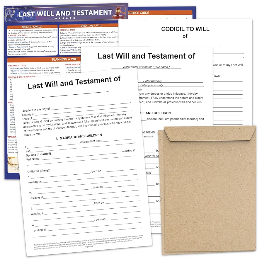 Amazon.com : Last Will and Testament Kit 2025 – Legal Will and Trust Forms for Estate Planning, Do It Yourself Kit for Peace of Mind – Includes 2 Forms, Codicil Guide, Information for Free Printable Legal Documents Forms