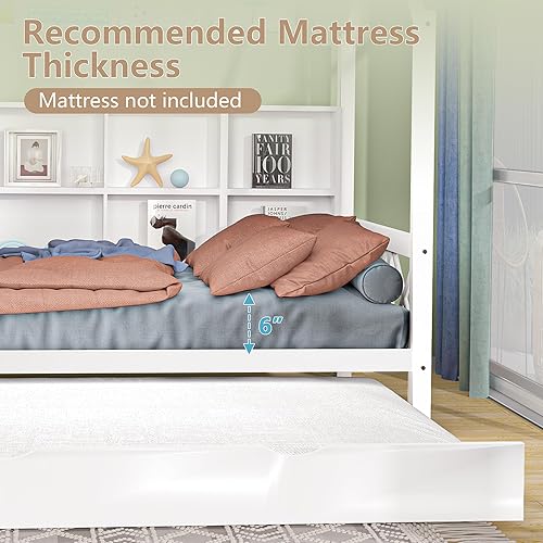 Miniatura 20 de Cama individual con cama nido y techo para niños, marco de cama de madera tamaño individual con estantes de almacenamiento, barandillas de madera,