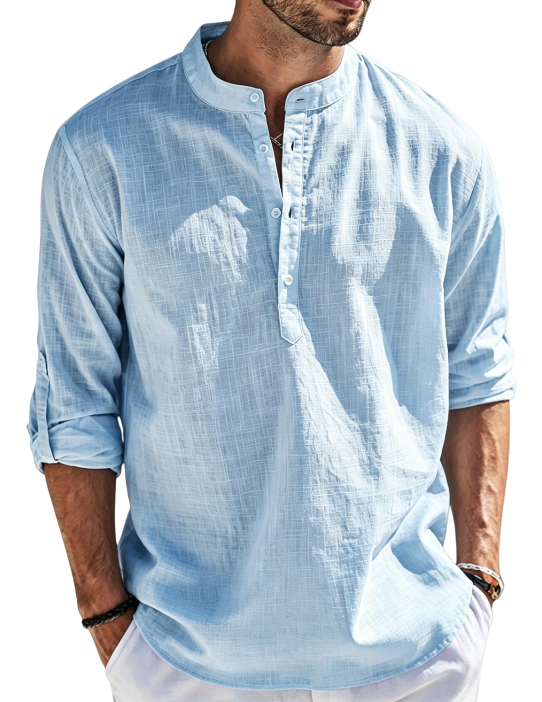 Cegerne Camicia Lino Uomo Maniche Lunghe Estiva Leggera Traspirante Henley Casual Maglietta Casacca Vacanze Spiaggia