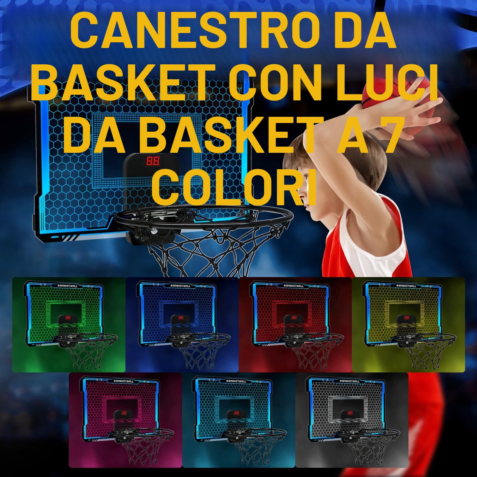 Yimore Canestro Basket da Camera, Mini Canestro Basket per Bambini Giocattoli Sportivi con Punteggio Automatico e 7 Colori LED