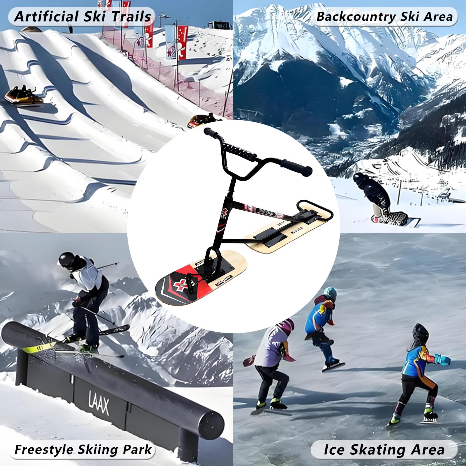 Sci/Monopattino da Neve Avanzato, Sci da Neve per Adulti con Rotazione A 360°, Motoslitta per Adulti A Doppia Tavola, Slitta da Snowboard con capacità di 330 Libbre Black