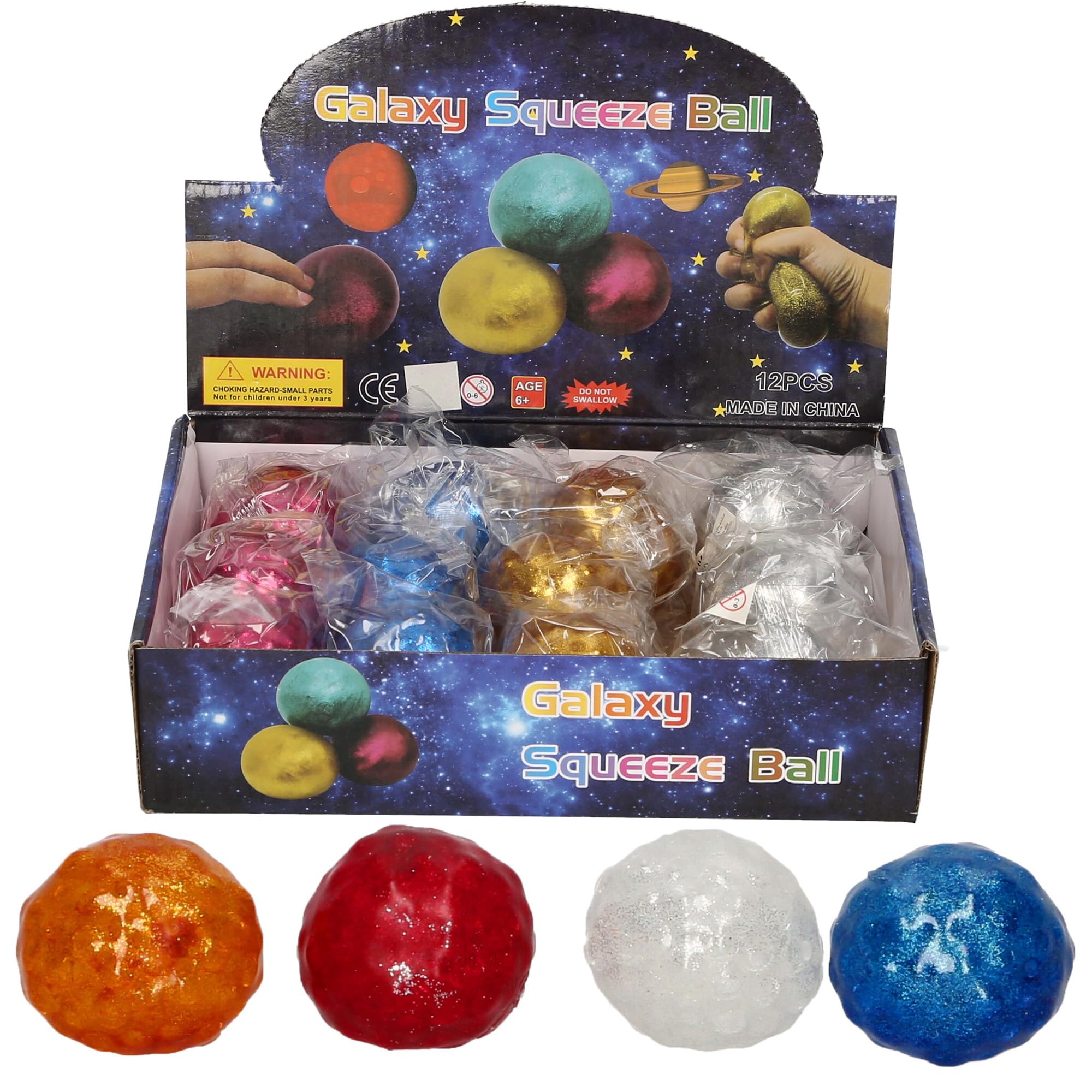 Atoz Galaxy Squeeze Ball, Glitter Finish, Plastic, Assorted Colors, 12 Pieces, Ages 6+