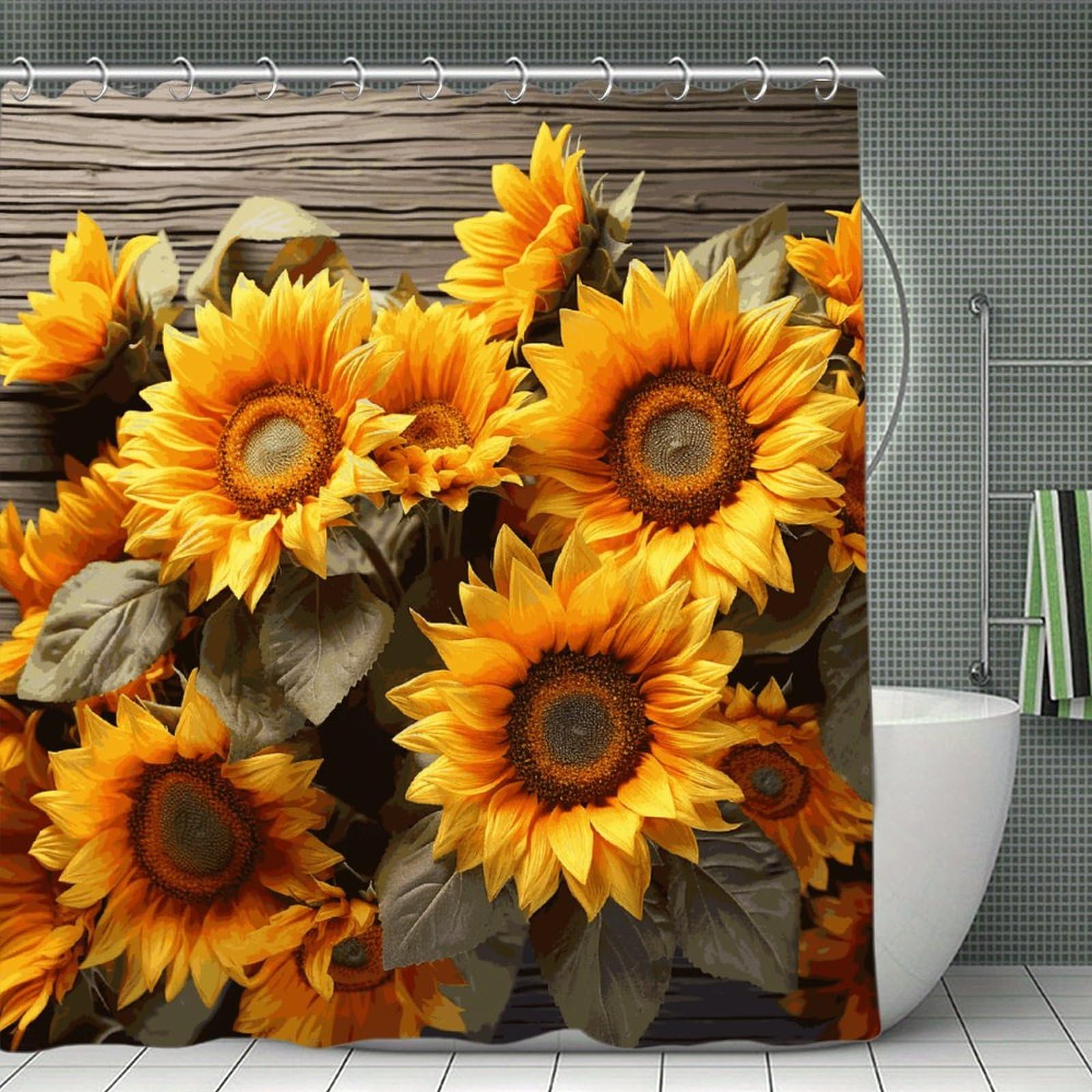 FekiLoot Plants Theme Sunflower Shower Curtain Minimalist Thick Bathroom Curtain Washable Modern Bathroom Shower Curtain Heavy Duty Waterproof Cloth Bath Curtain with Hooks 70.8"x70.8"
