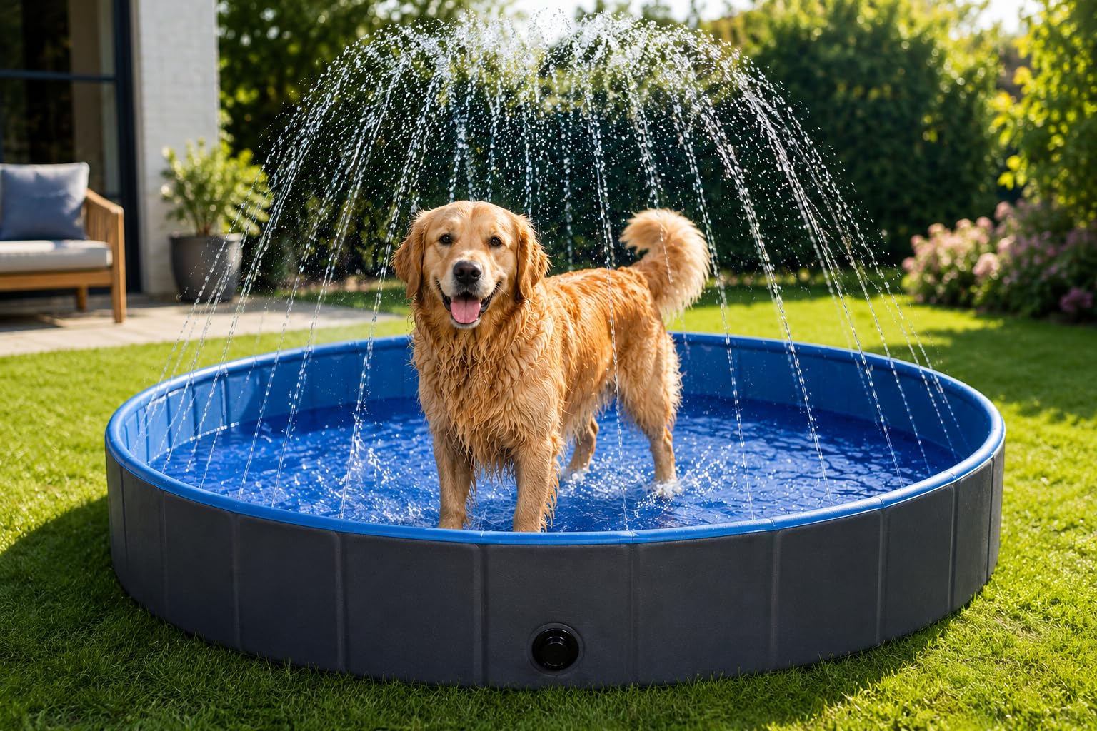Piscine Chien - Piscine rafraîchissante Sprinkle Bleu et Gris foncé - Jets d'eau intégrés - raccord pour Tuyau d'arrosage - Fond antidérapant - sans Pompe - 80 x 20 cm - Flamingo