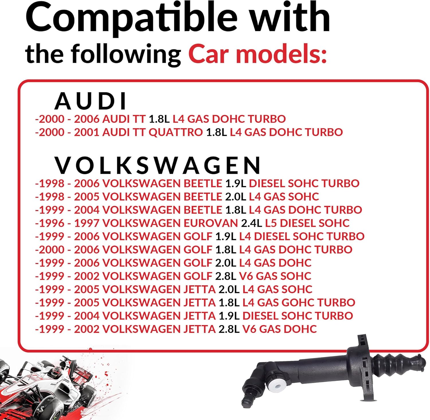 Clutch Slave Cylinder compatible with Tt Jetta Golf Beetle Base Classic Sport Tdi Europa Gl Gls Gti Cabrio Limited Edition Summer Edition 1996-2006 2.8L V6 Gas Sohc Naturally Aspirated 1.9L L4