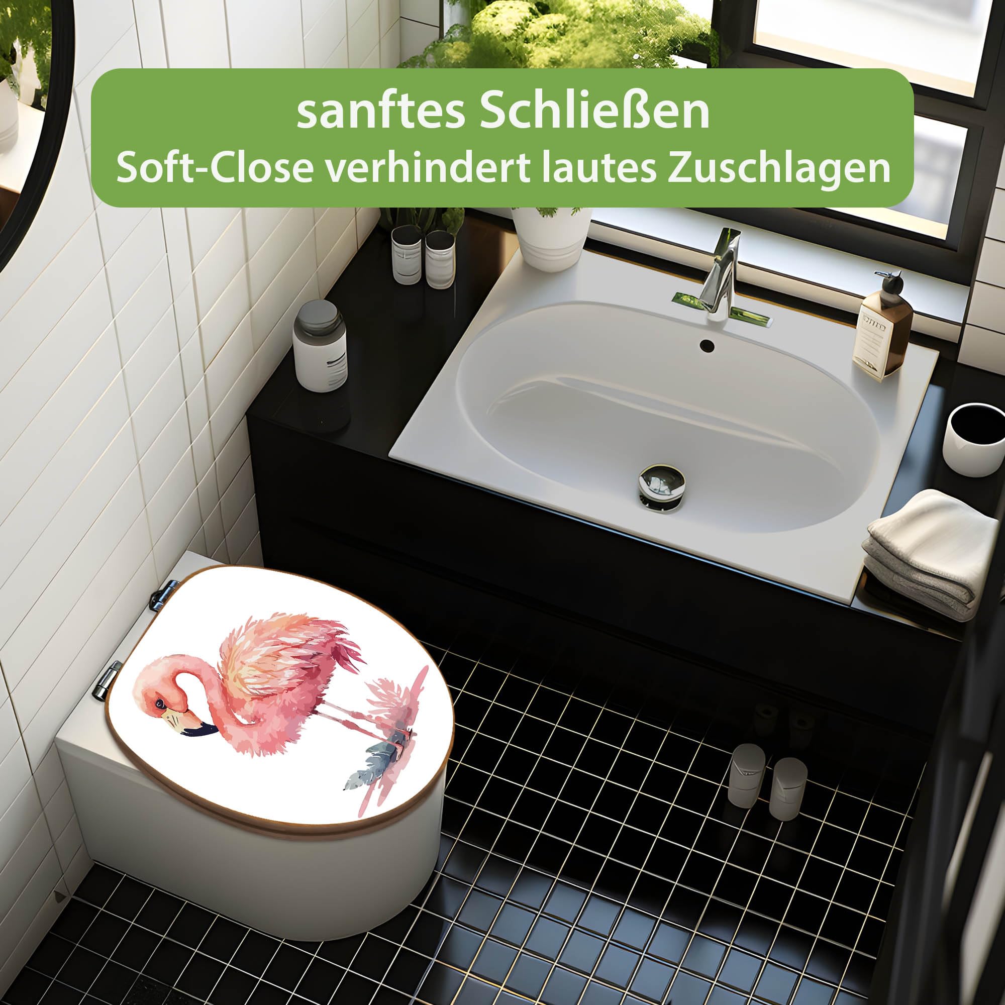 banjado Design WC Sitz Bambus Absenkautomatik 45,8x37,5cm - Toilettendeckel mit Absenkautomatik Holz - hochwertiger Bambus Klodeckel - WC-Sitz für gängigen Toiletten - Motiv Aquarell-Flamingo klein