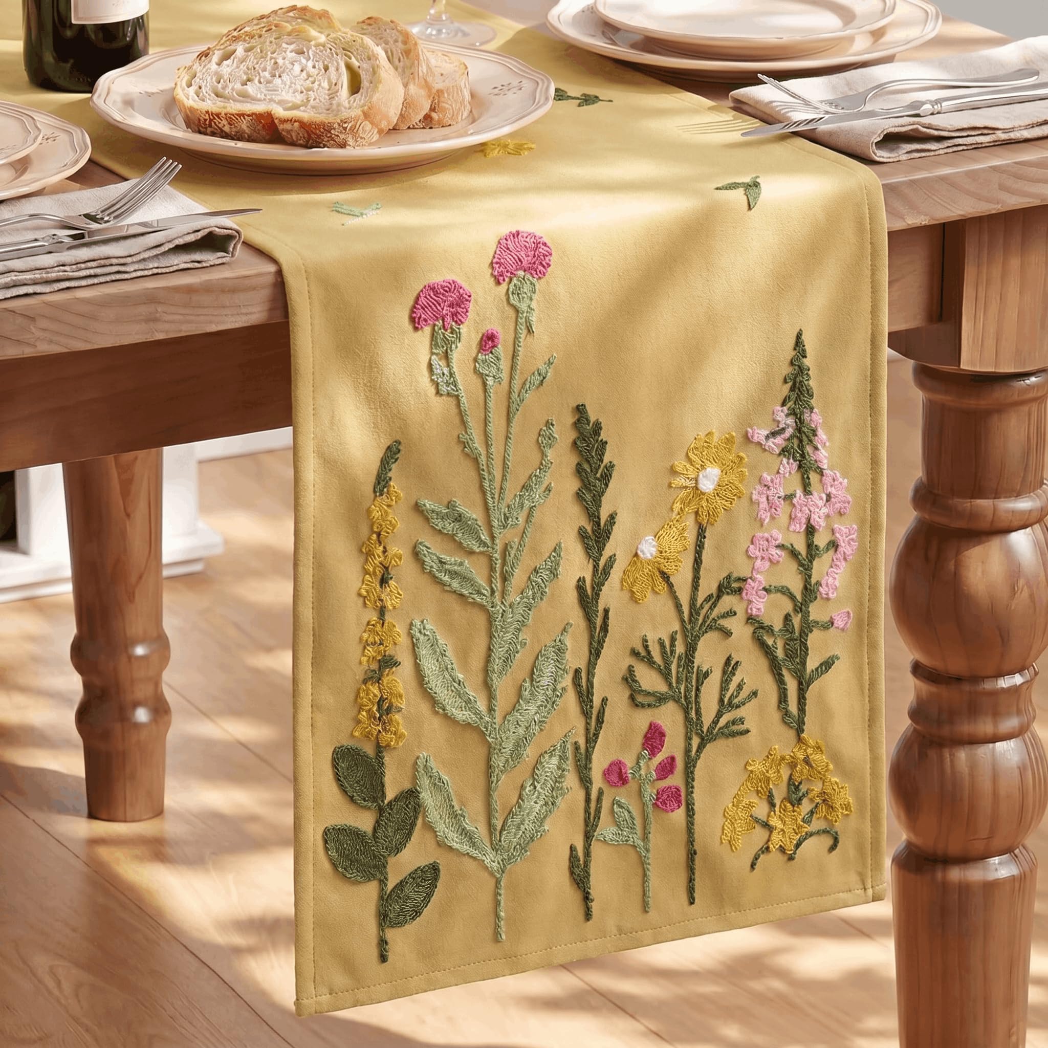 Photo 1 of *** SIMILAR NOT EXACT PLEASE REFER TO PHOTOS*****
 Light Camel Soft Chain Embroidery Wild Floral Spring Table Runner, Seasonal Summer Kitchen Dining Table Decoration for Home Party Decor 13x72 Inch