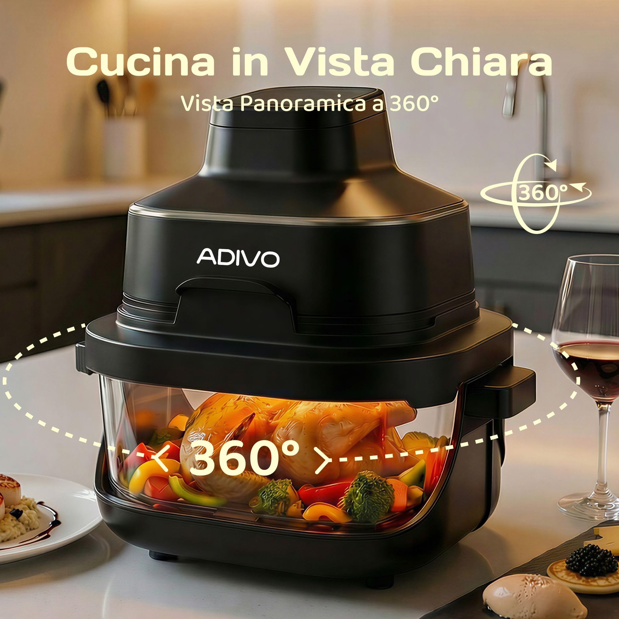 ADIVO Friggitrice ad Aria in Vetro 4L/1.5L,1500W Ciotola Visiva,Doppia Capacità,4 Modalità,Senza Olio & Nessun Rivestimento,Lavabile in Lavastoviglie,Portatile per Camping/Ufficio,Cucina Sana