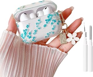 MINSCOSE for AirPods Pro 3rd Generation Case (2025) with Cleaner Kit,Cute Floral Aesthetic Pattern Design with Pretty Flower Keychain,Soft TPU Protective Shockproof Case for Airpods Pro 3-Green